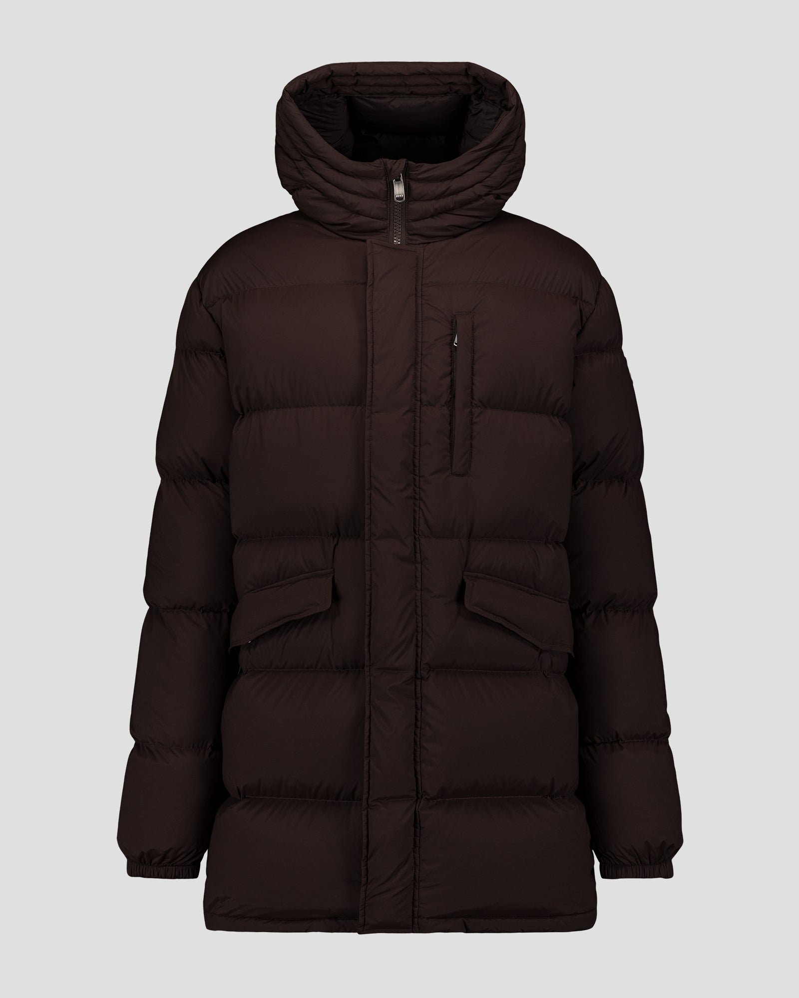 Black stretch mid-length extreme cold down jacket by Scott. JOTT Brown
