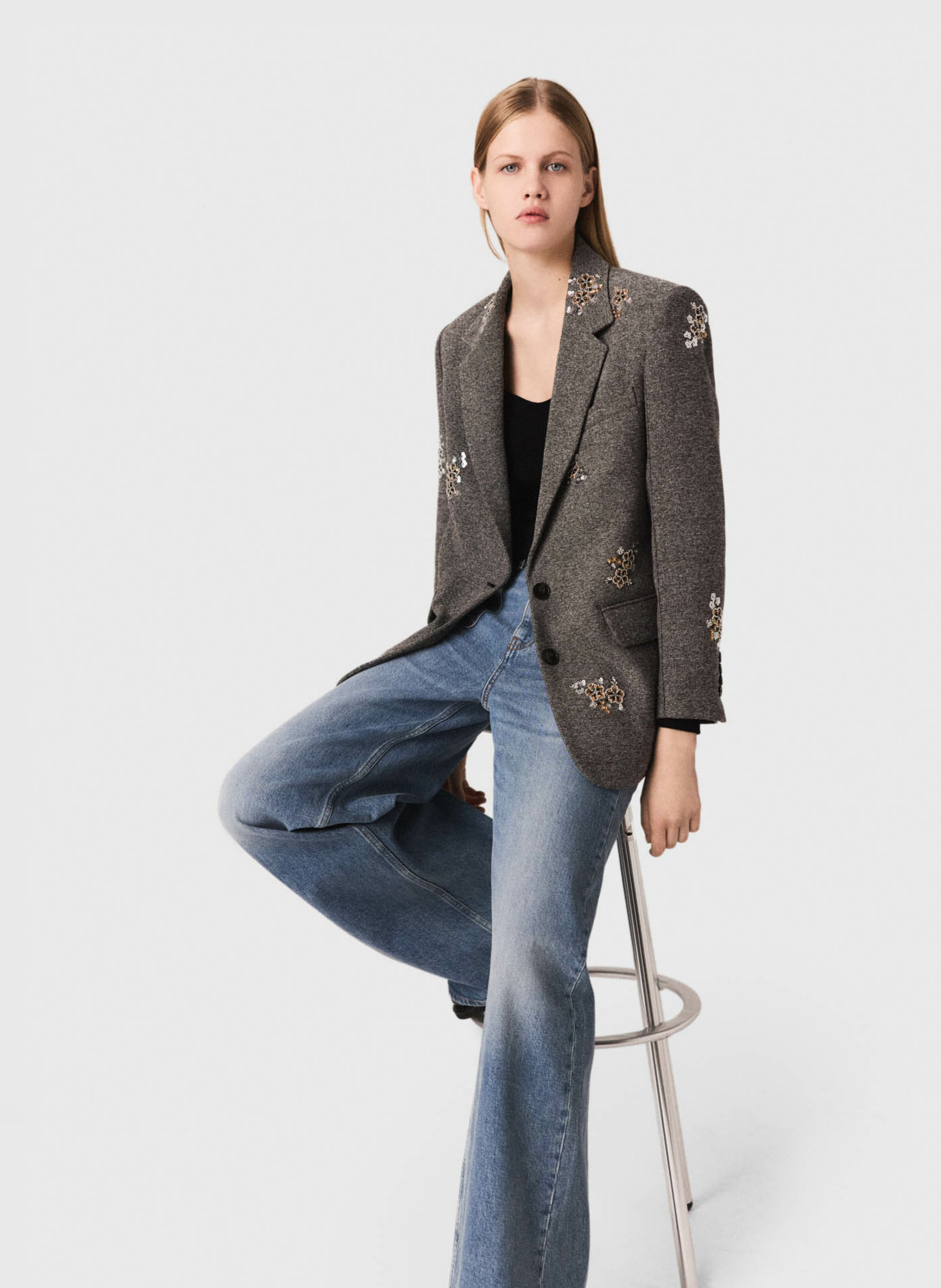 Veste col tailleur brodée MAJE Gris