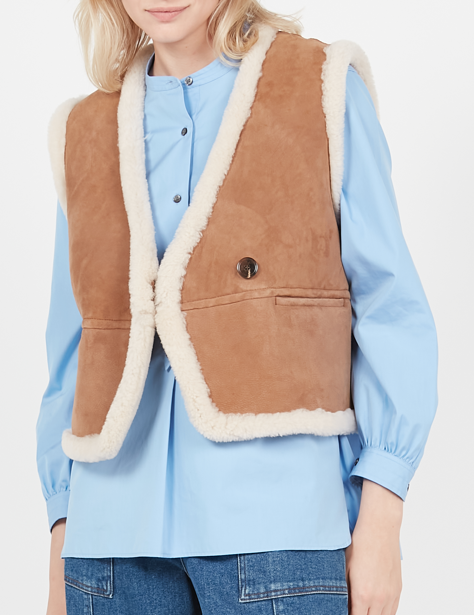 Veste sans manche en peau lainée SOEUR Beige