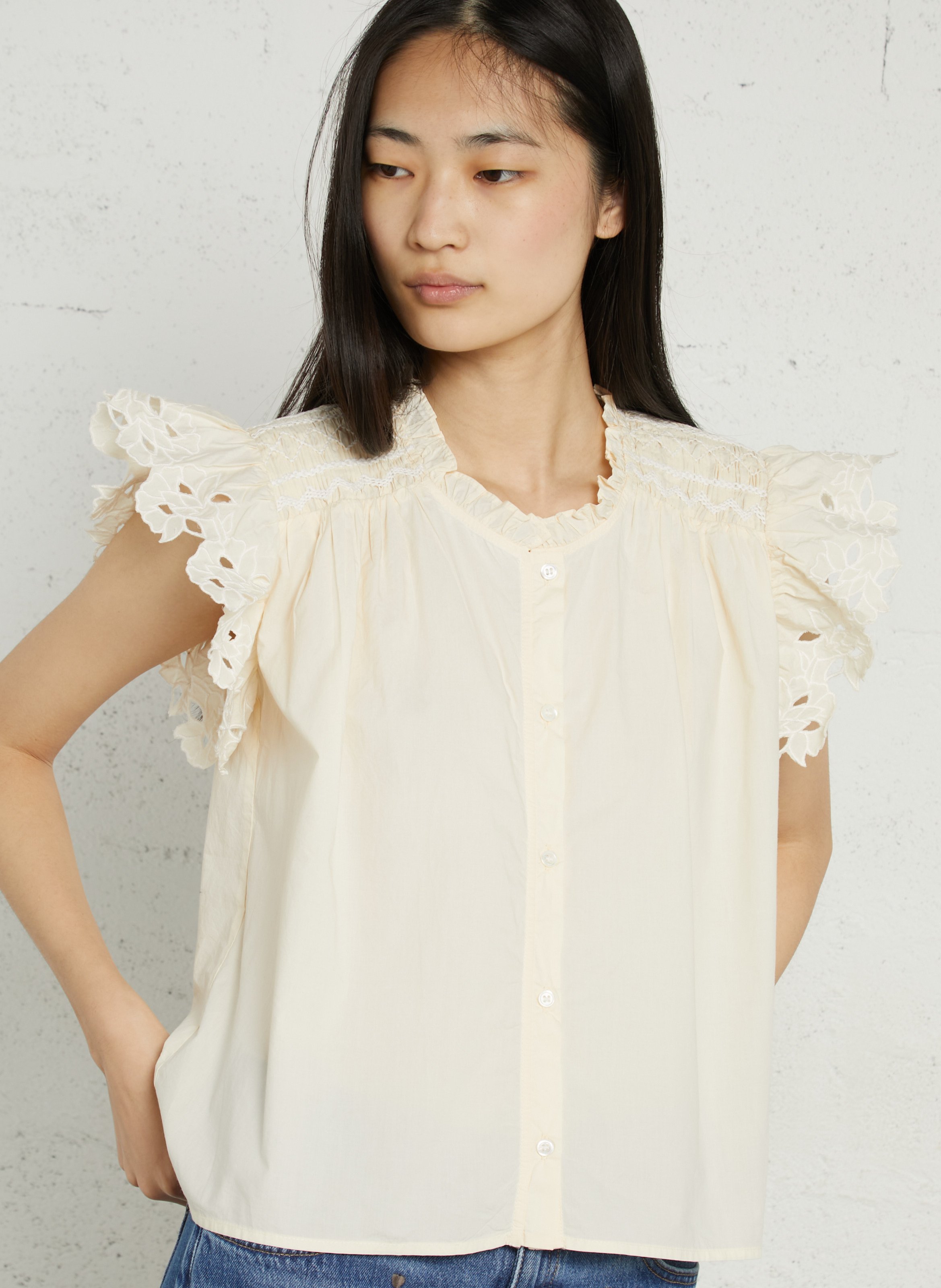 Weite Baumwollbluse mit Rundhalsausschnitt FEEKA Beige