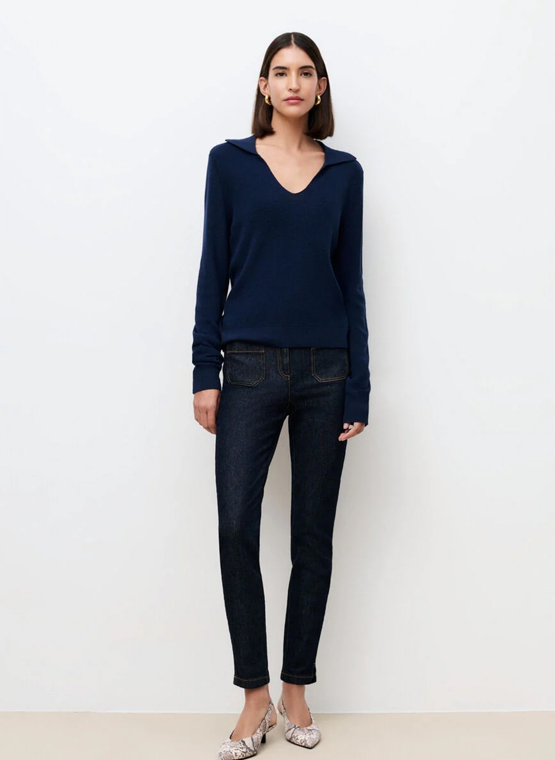 Straight V-neck cotton sweater Blue