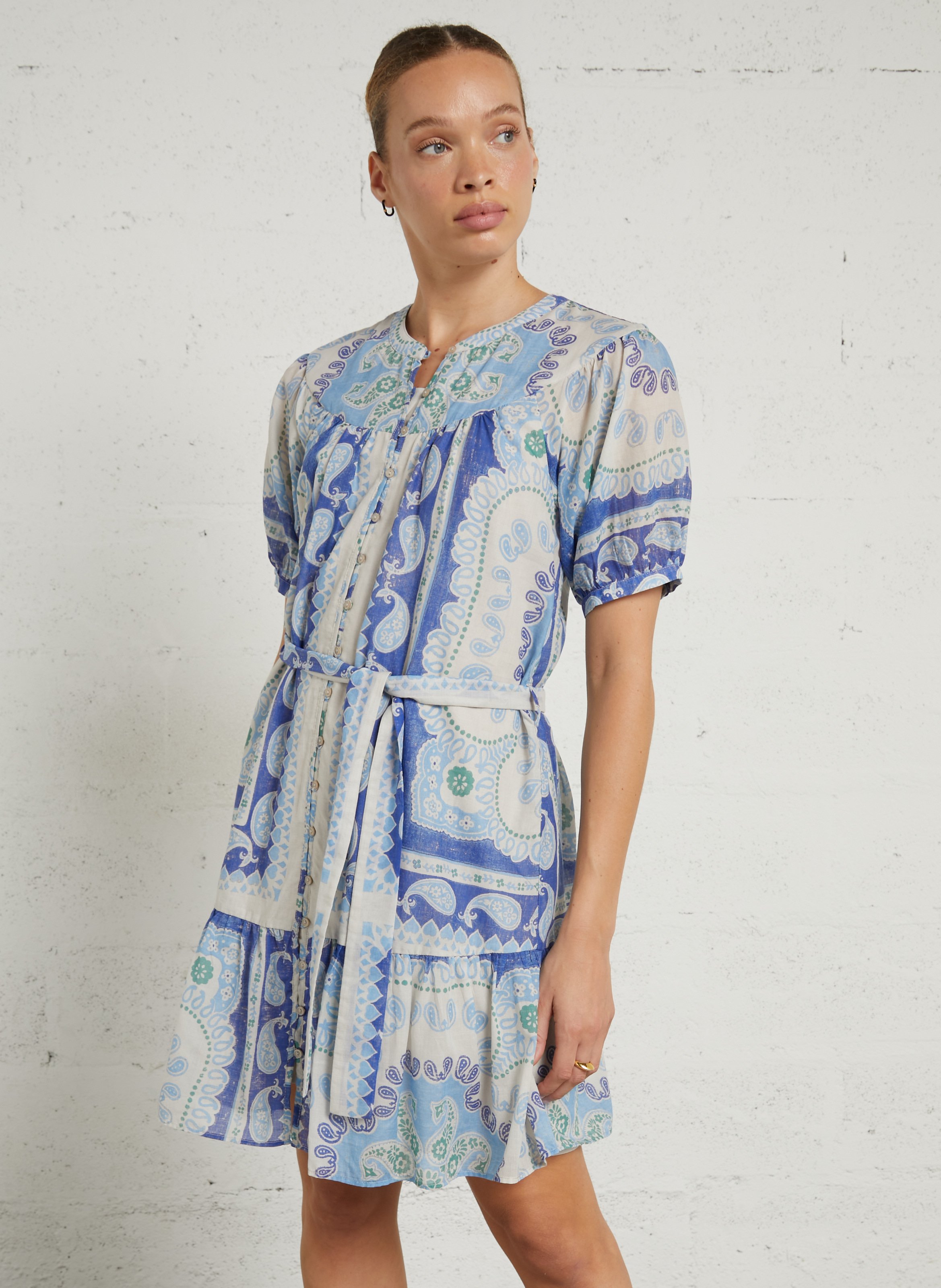 Korte, katoenen jurk met ronde hals en print SUD EXPRESS Blauw