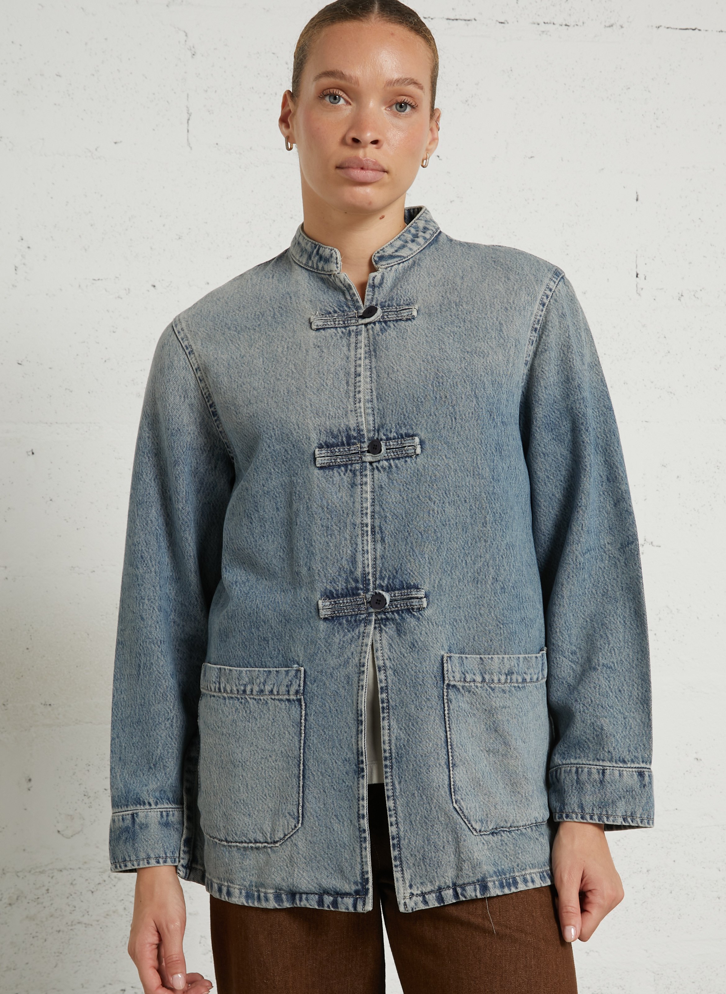 Denimjacke mit Mao-Kragen aus Baumwollmischung PLEASE Blau