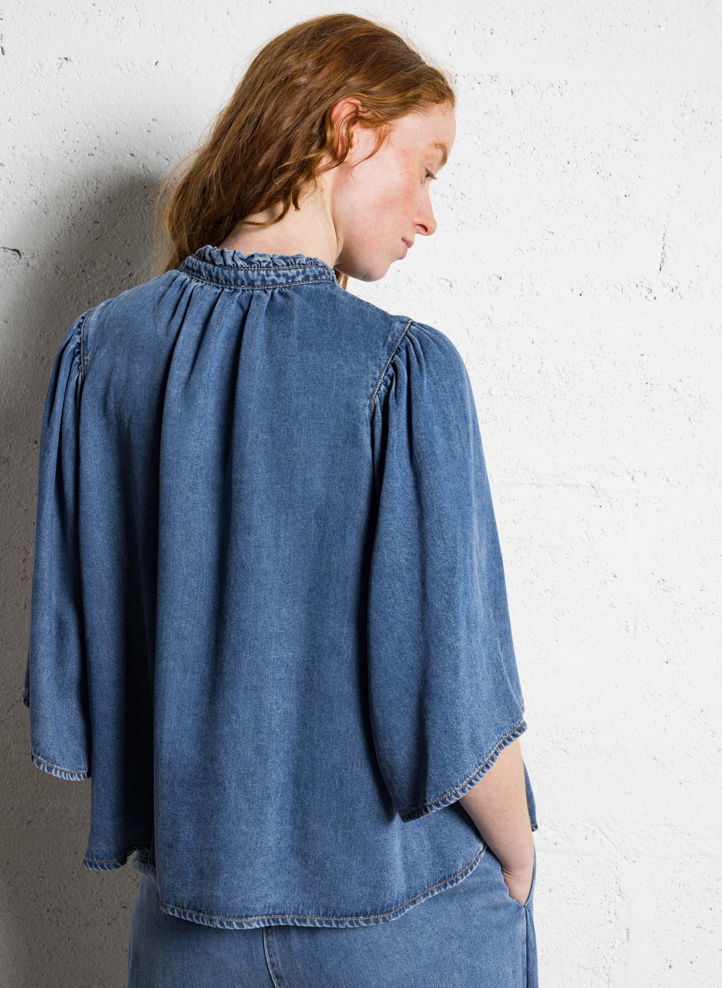 Chemise en jean ample col mao SUNCOO Bleu