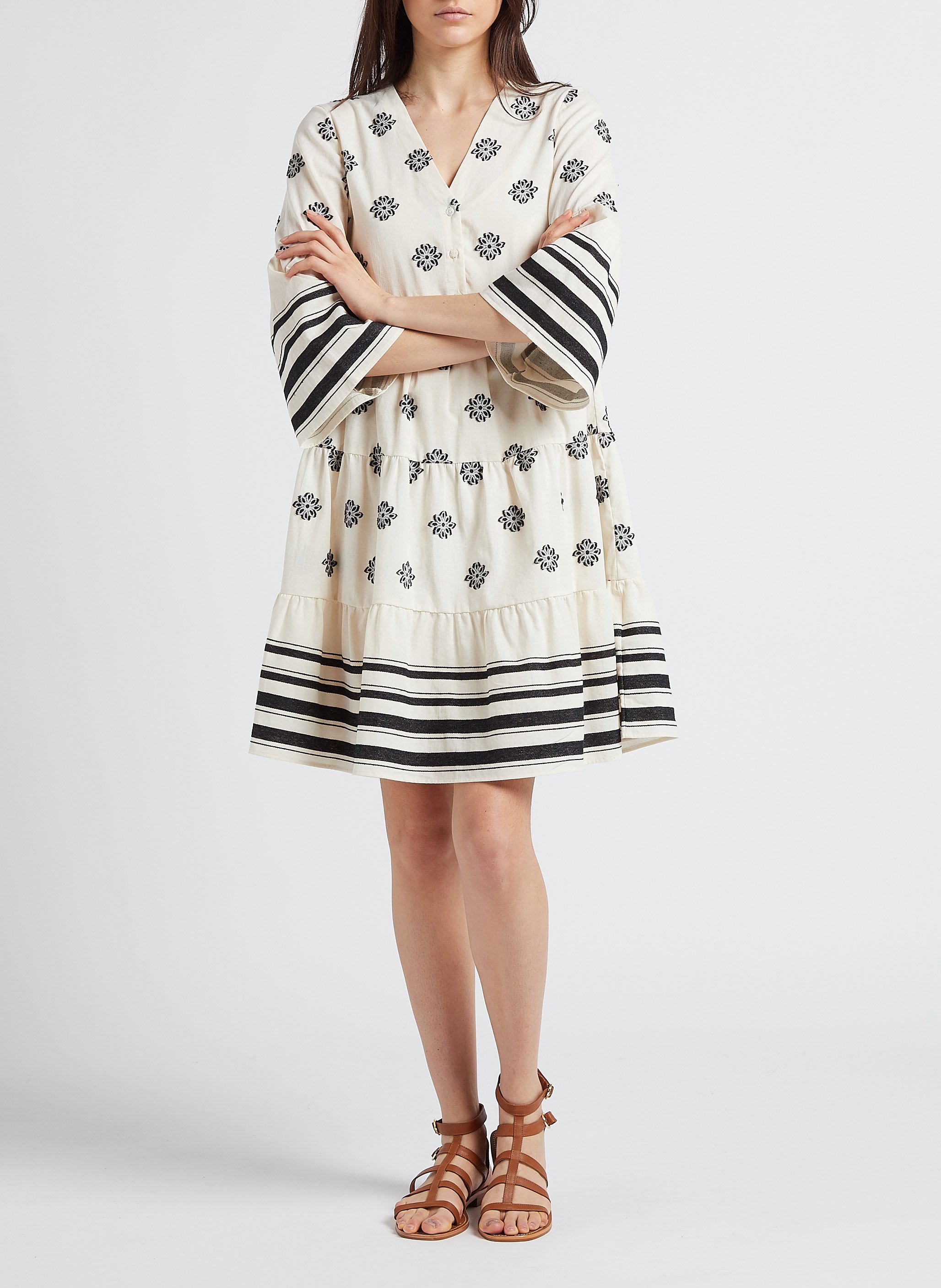 Geblümtes Kurzkleid aus Baumwoll-Mix mit V-Ausschnitt PENNYBLACK Schwarz