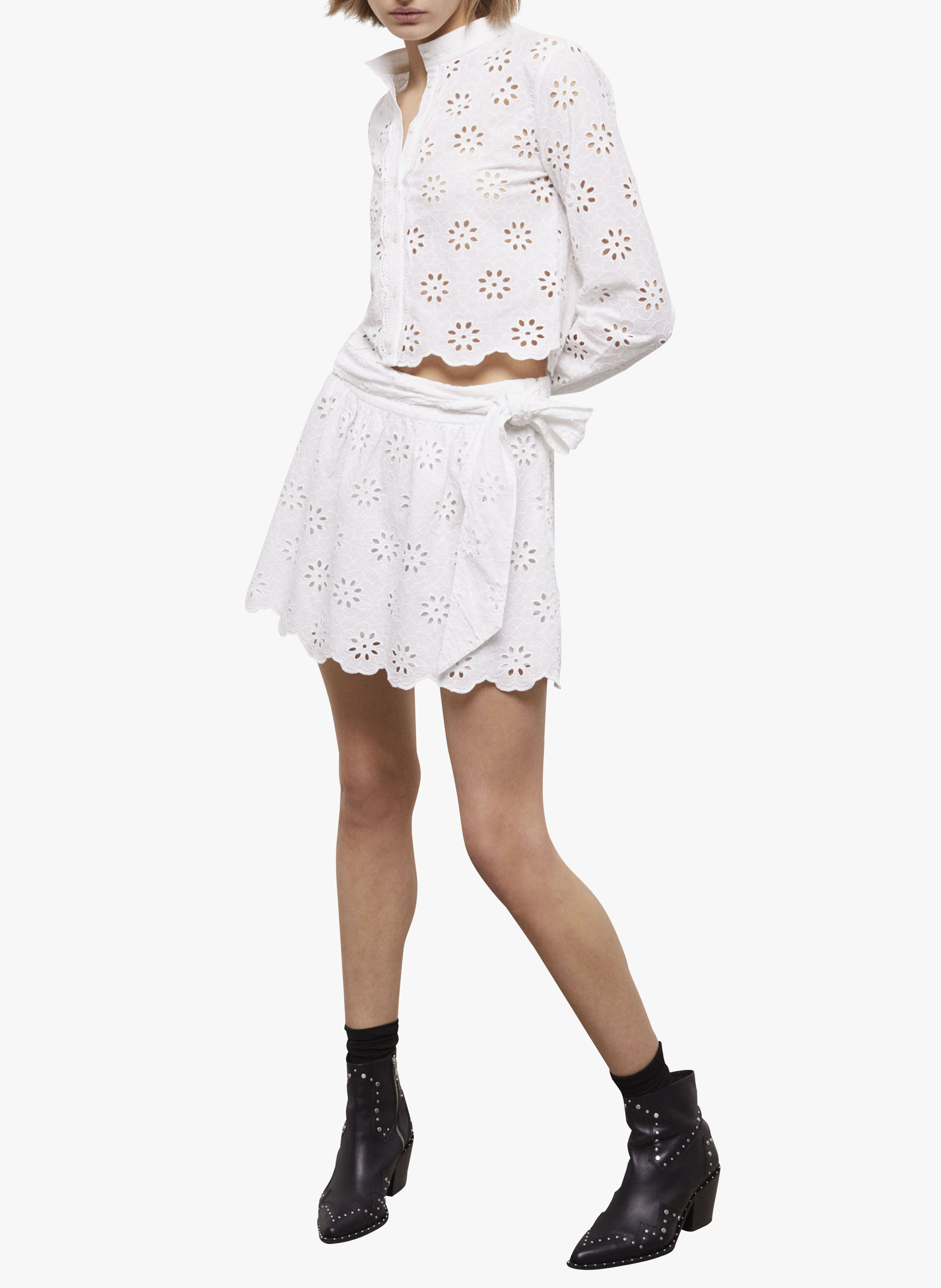Jupe courte broderie anglaise en coton THE KOOPLES Blanc