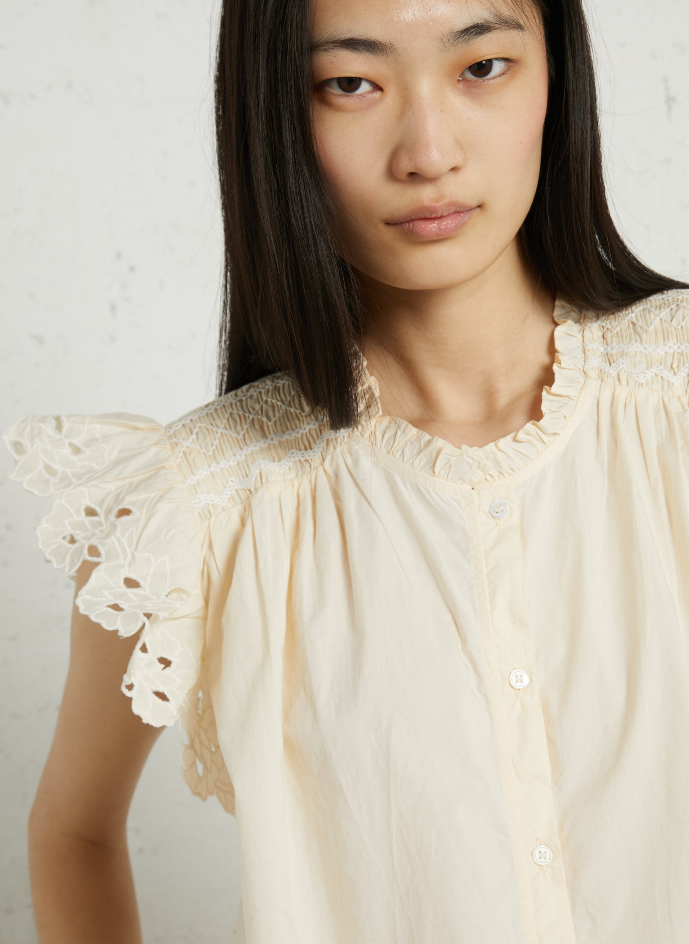 Weite Baumwollbluse mit Rundhalsausschnitt FEEKA Beige