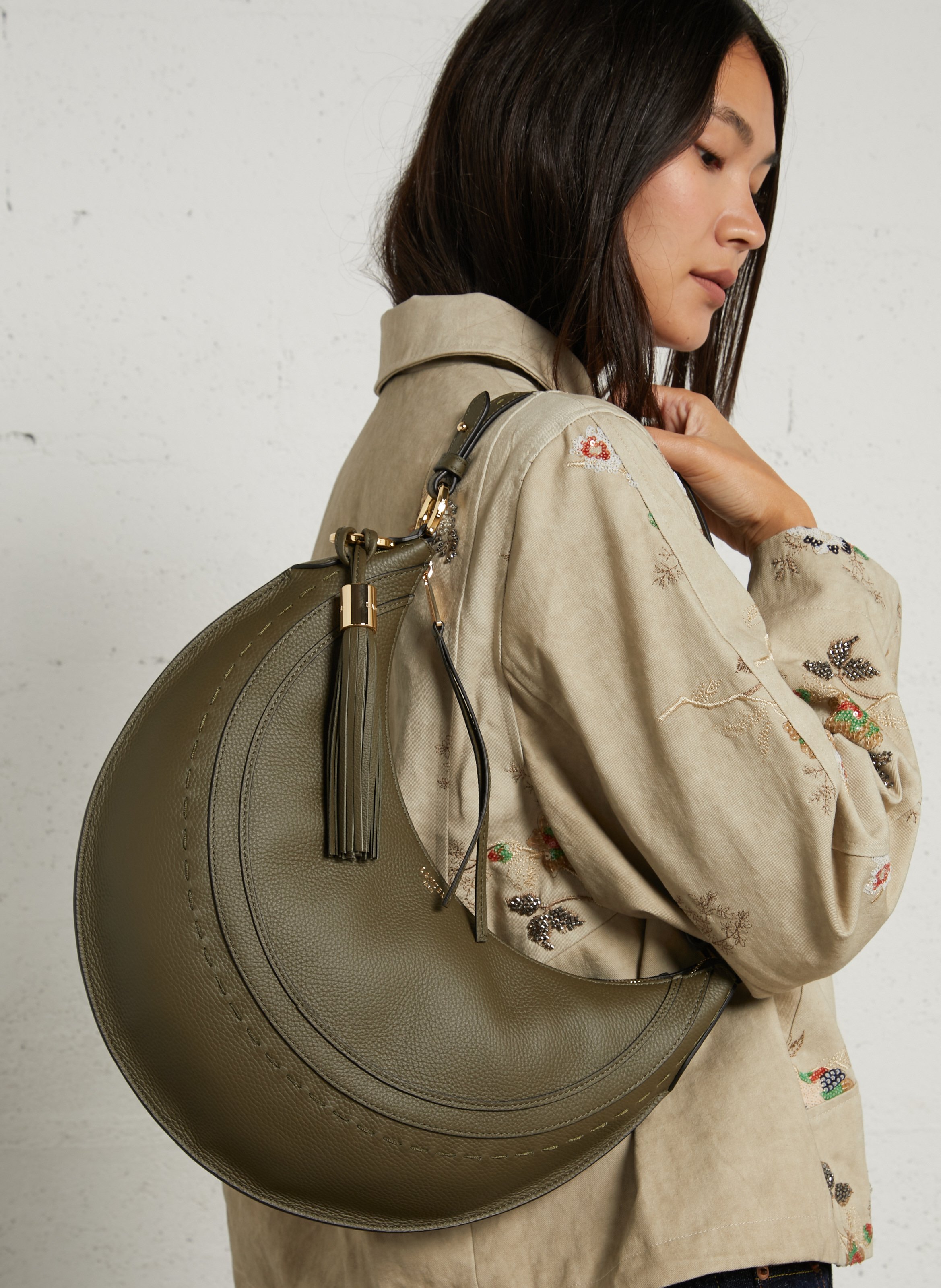 Hobo schoudertas met rits van effen leer LANCEL Kaki