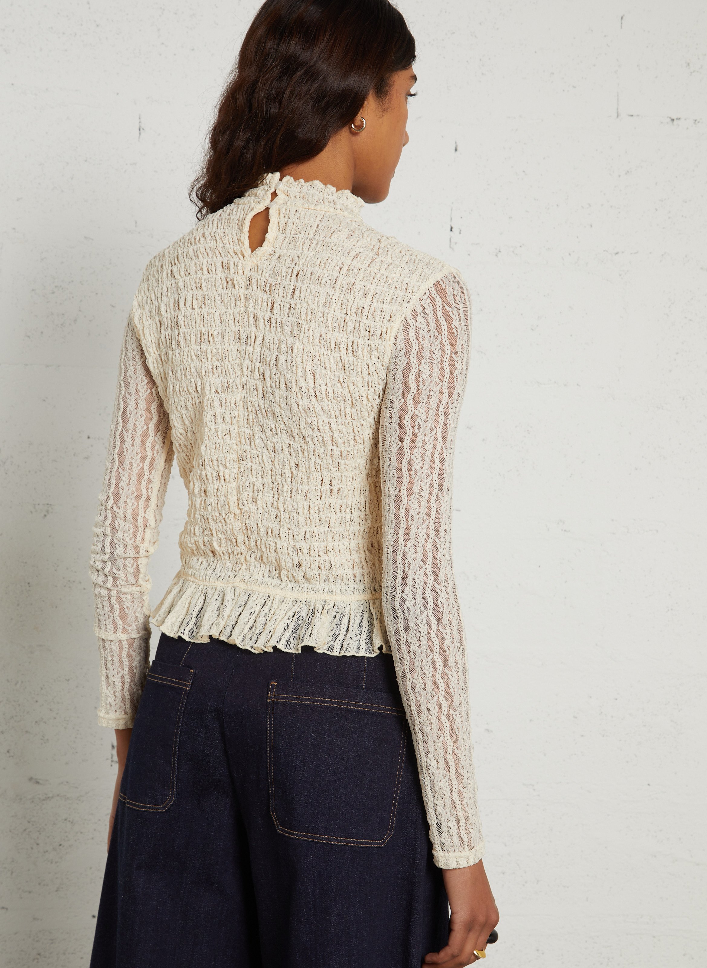 Top ajusté dentelle à smocks DES PETITS HAUTS Beige