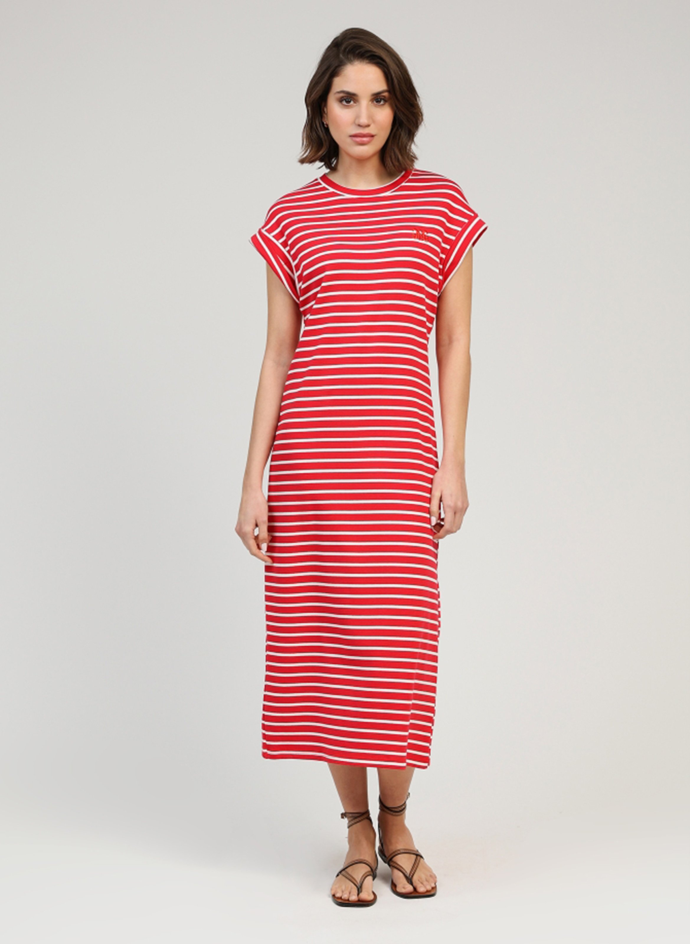 Round-neck striped cotton-blend midi dress AN'GE Red