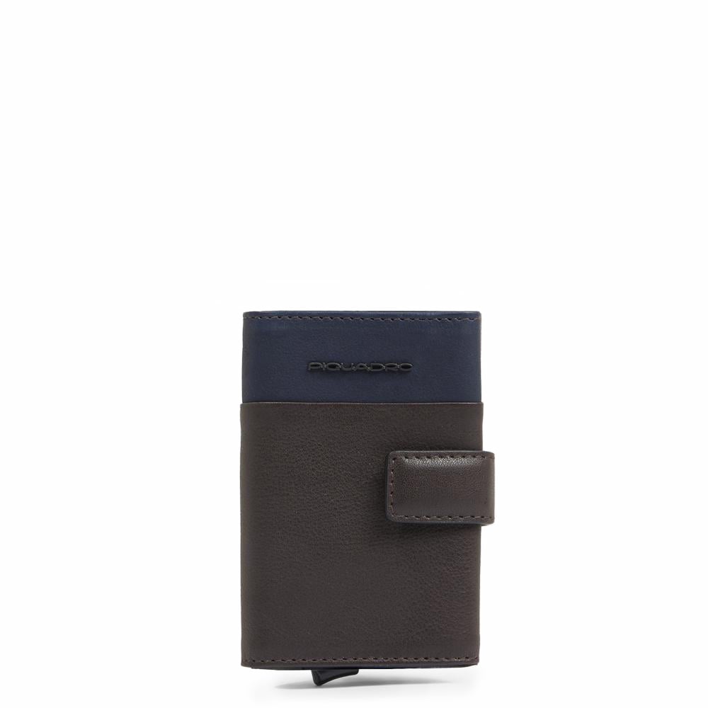 Automatic flap card holder in leather and metal with RFID protection PIQUADRO Blue