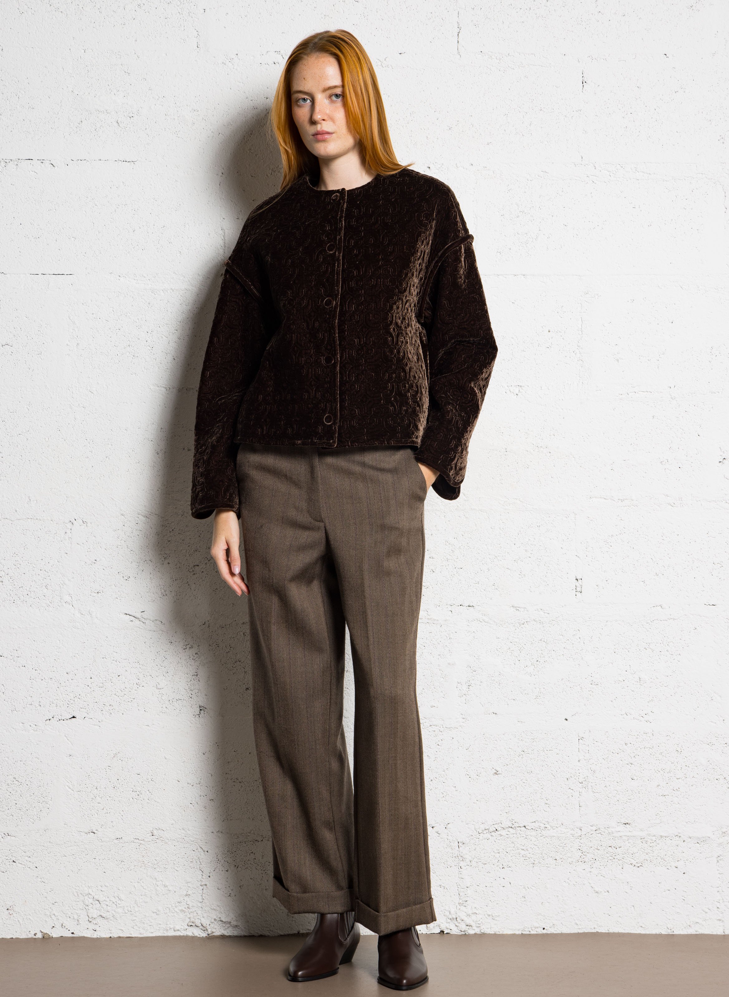 Pantalon droit jacquard imprimé en laine MOMONI Marron