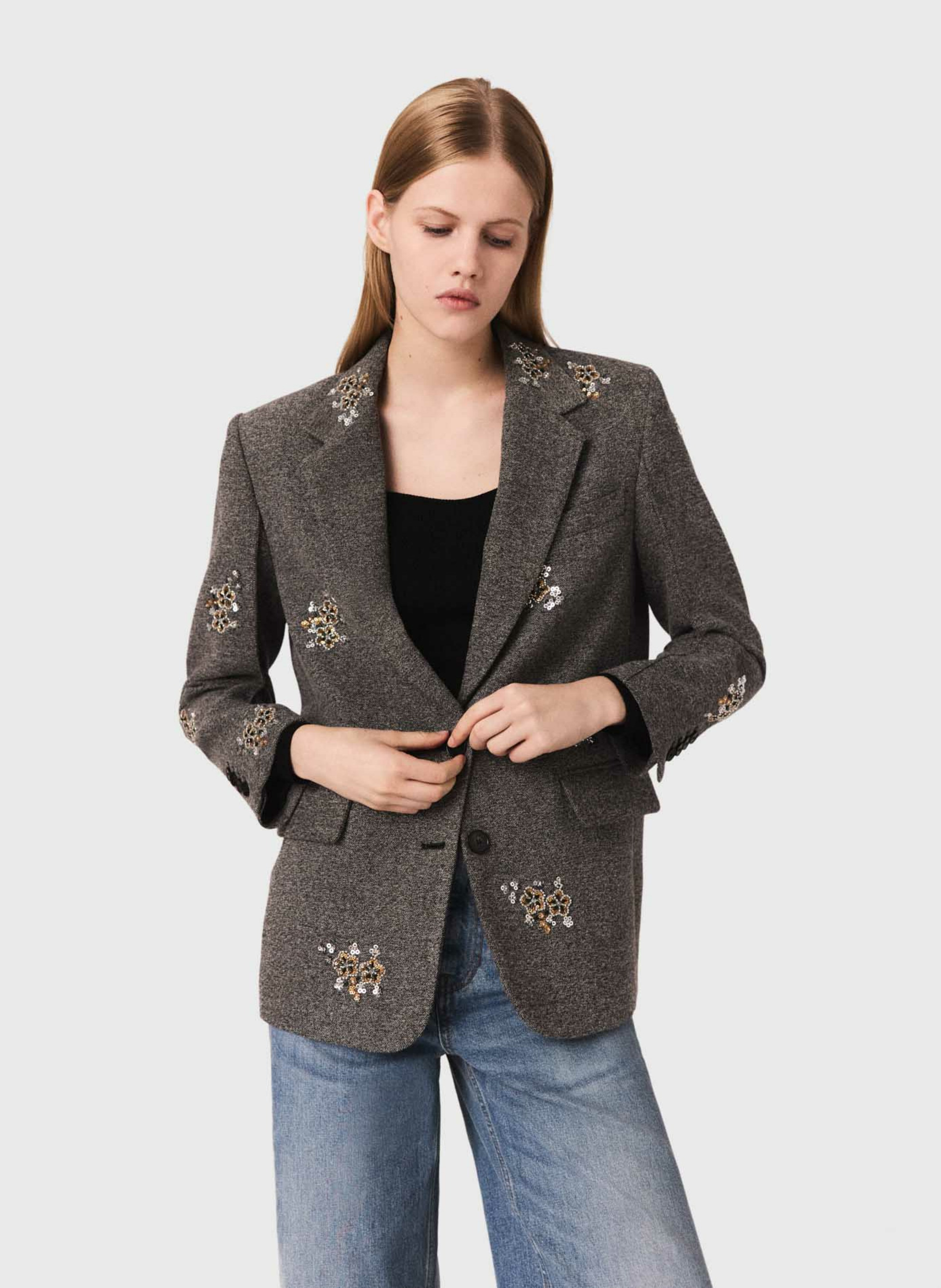 Veste col tailleur brodée MAJE Gris