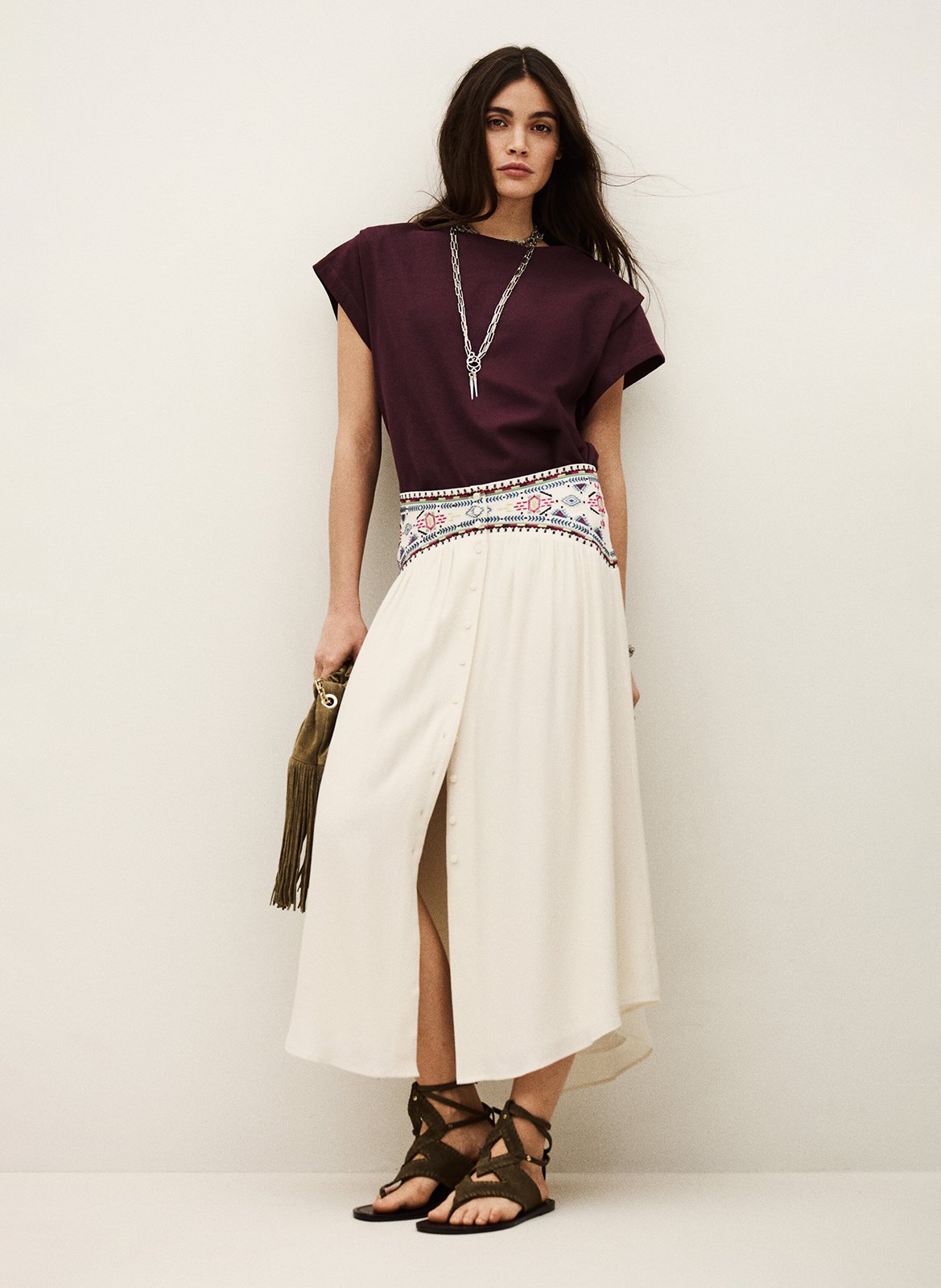 Jupe longue brodée BA&SH Beige