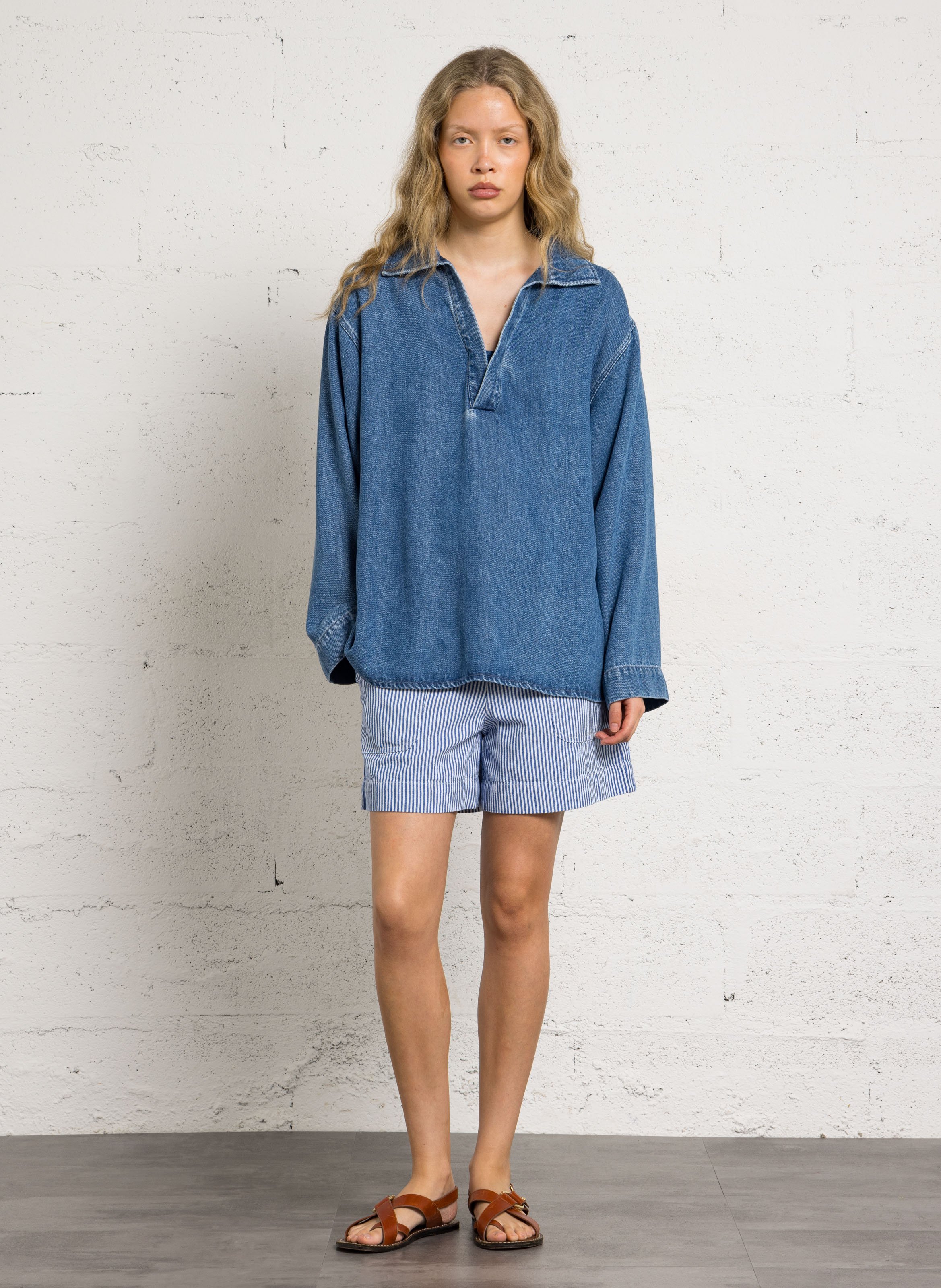 Denim effect V-neck top THE NEW SOCIETY Blue