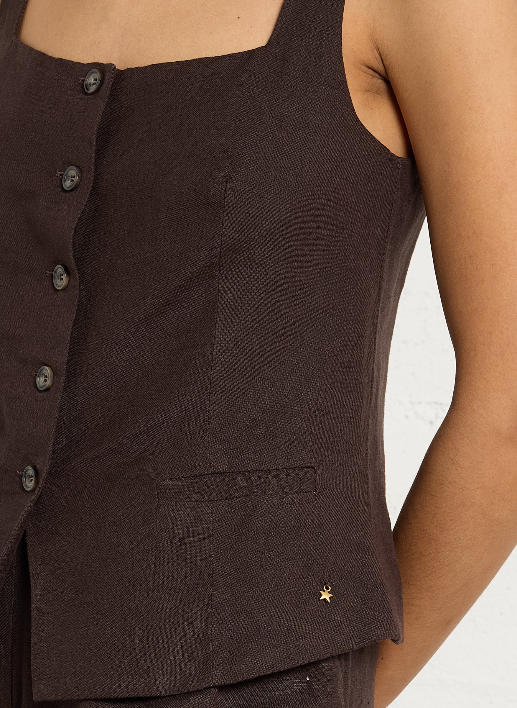 Top col carré en lin mélangé DES PETITS HAUTS Marron