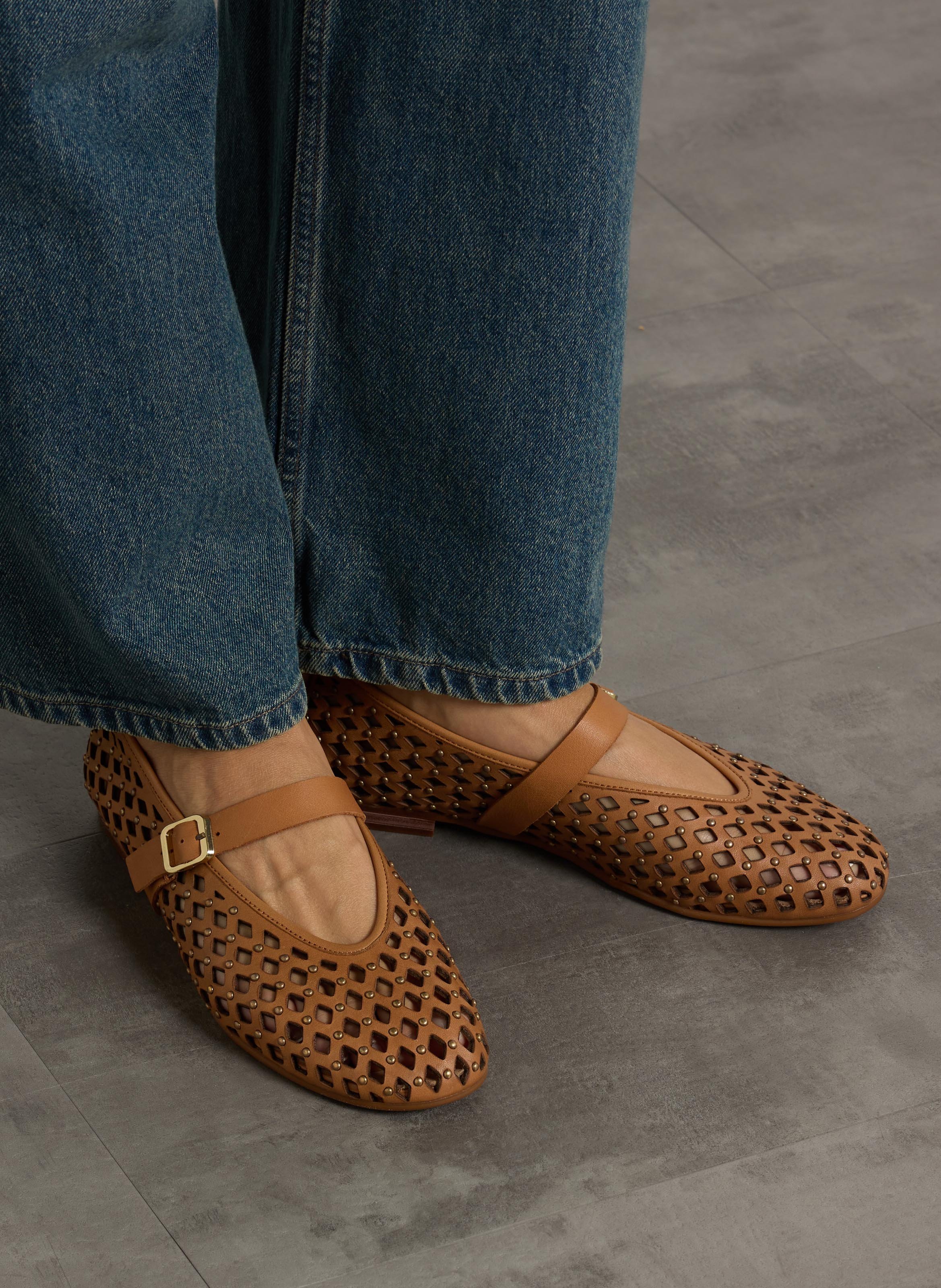 Leder-Ballerinas mit Ajour-Muster REQINS Braun