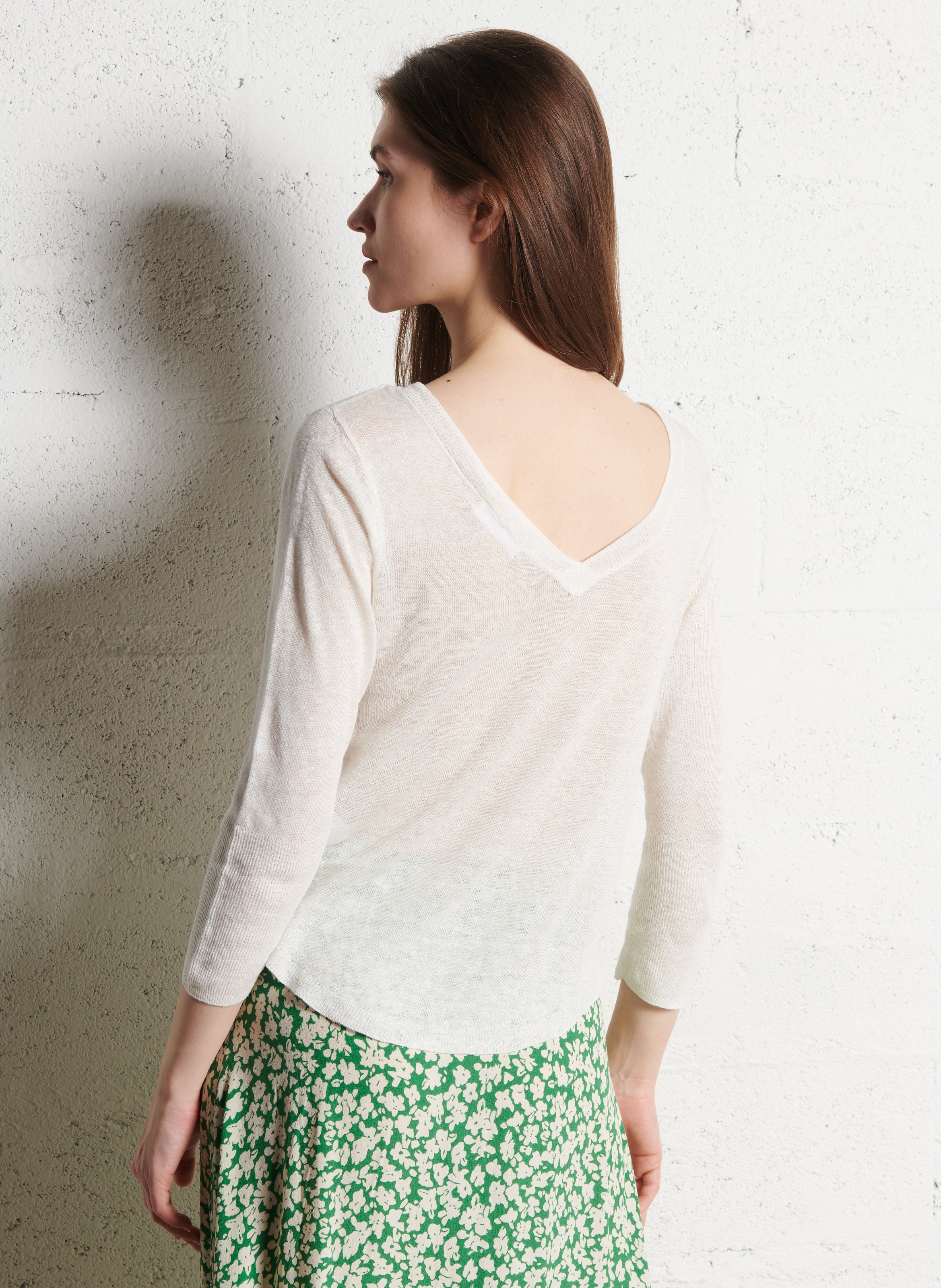 Pull col v manches 3/4 en lin MAJESTIC FILATURES Beige