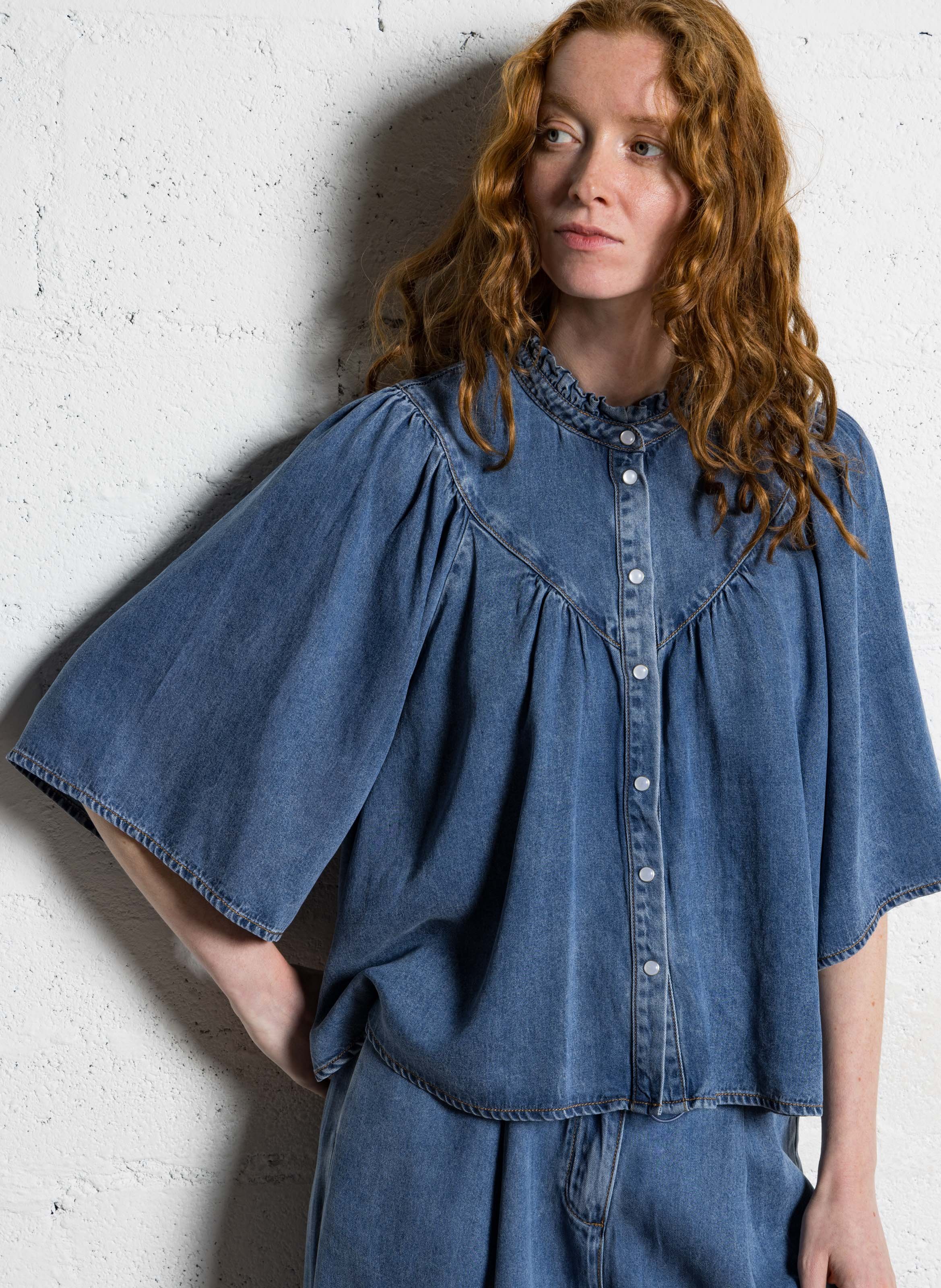 Chemise en jean ample col mao SUNCOO Bleu