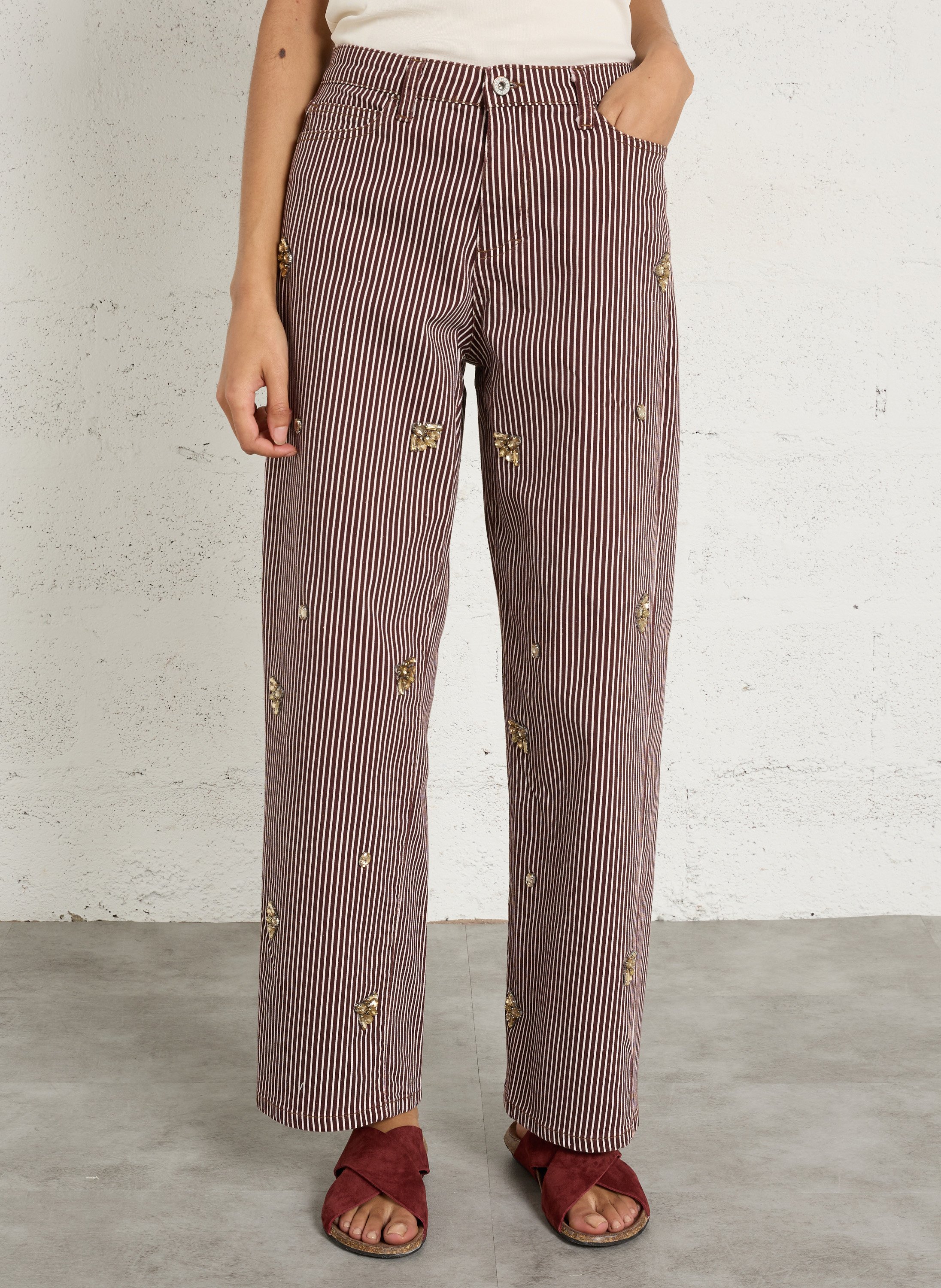 Straight striped cotton blend trousers PLEASE Brown