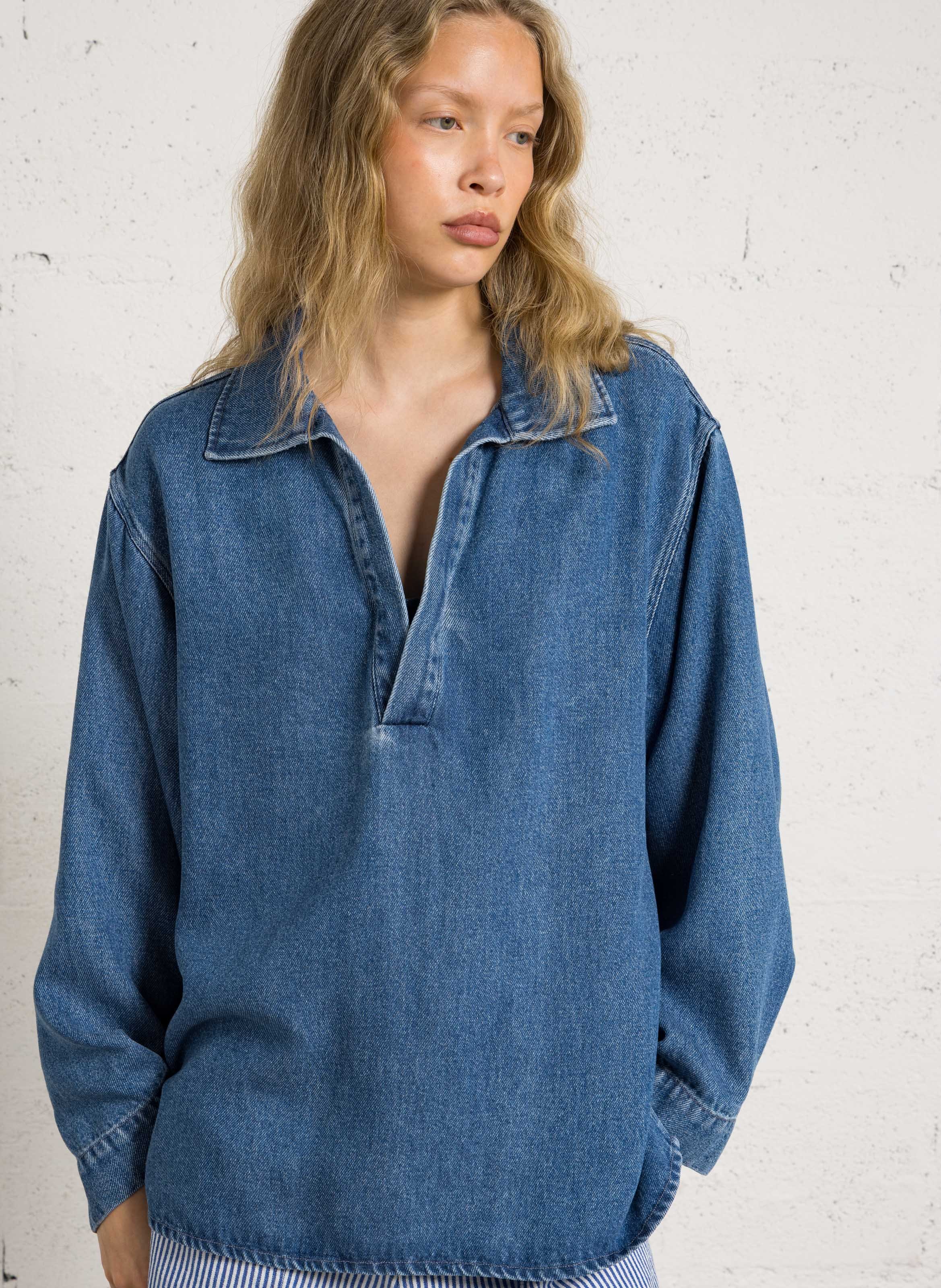 Denim effect V-neck top THE NEW SOCIETY Blue
