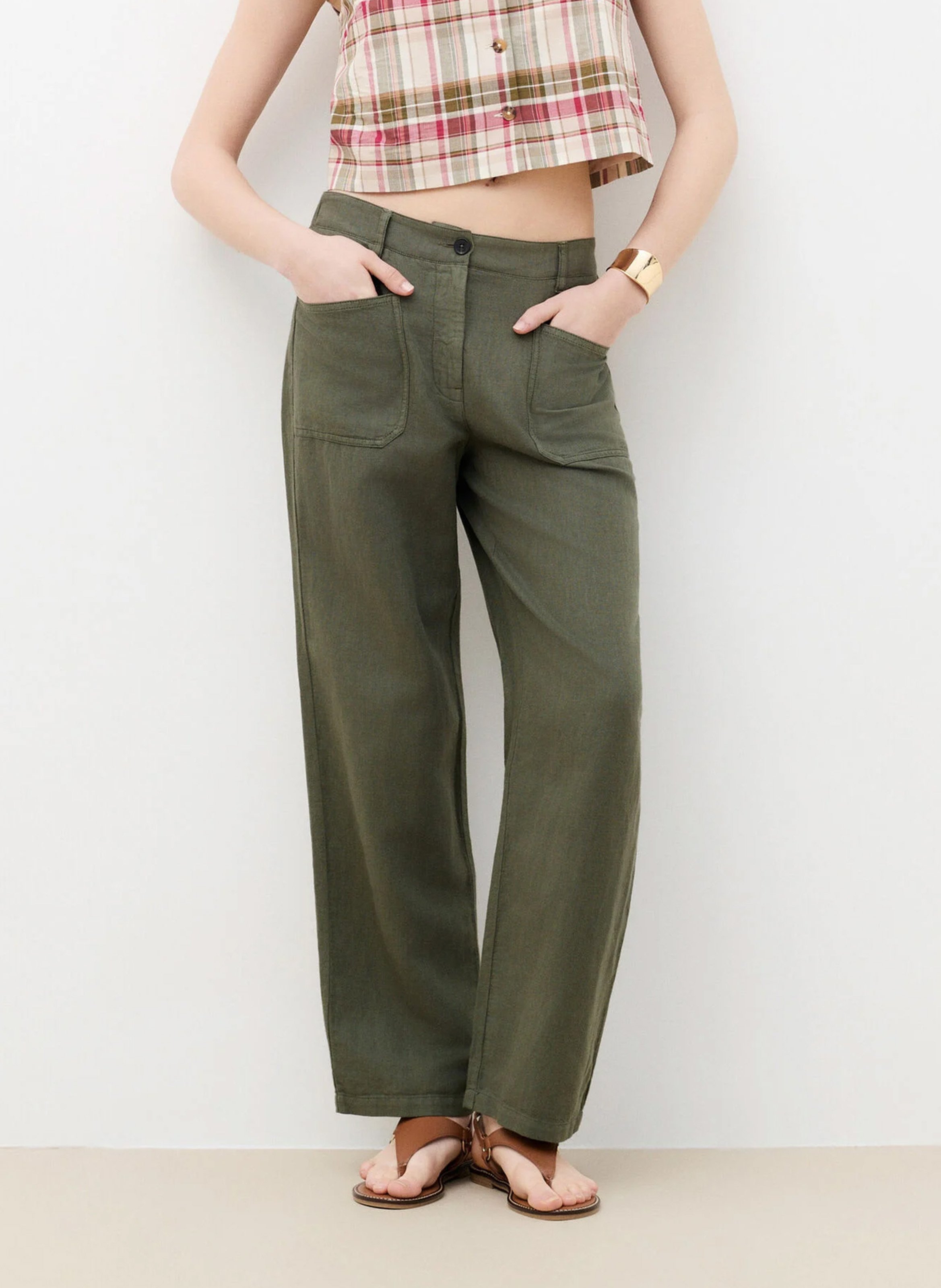 Pantalon droit en coton et lin CAROLL Kaki