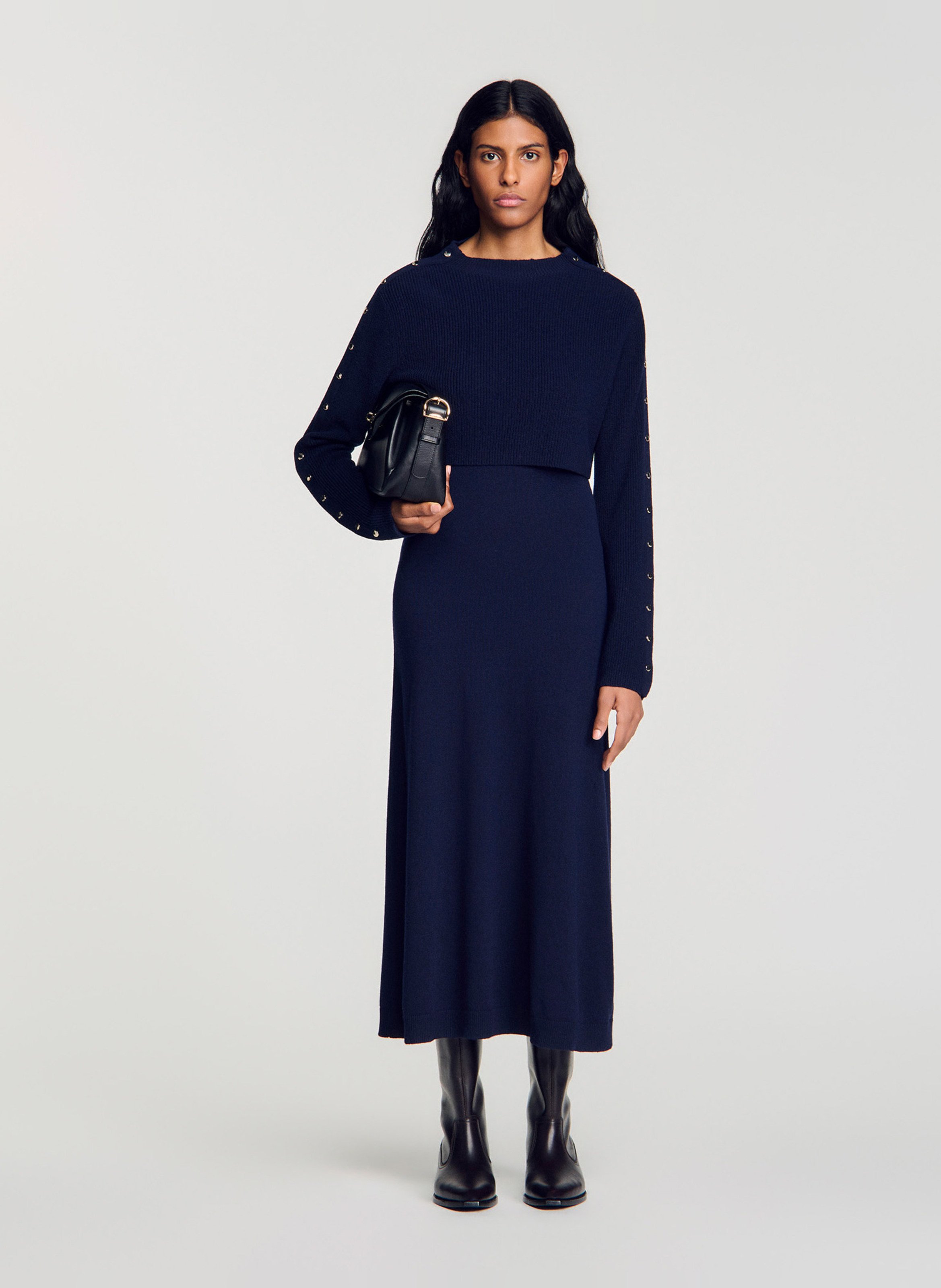 Robe ample col rond en laine et cachemire | Bleu SANDRO Femme