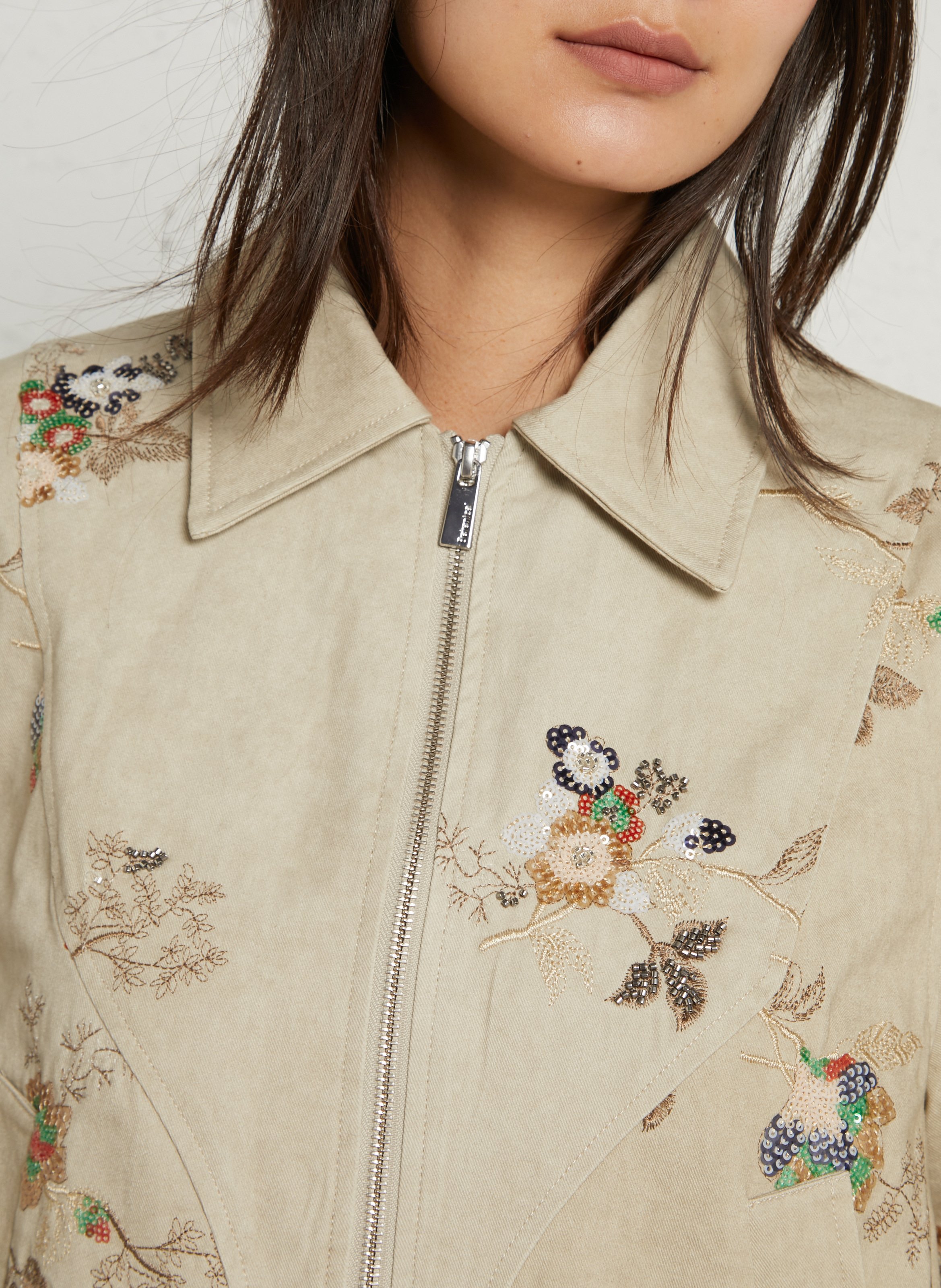 Veste ample col classique à sequins et perles en coton BERENICE Beige