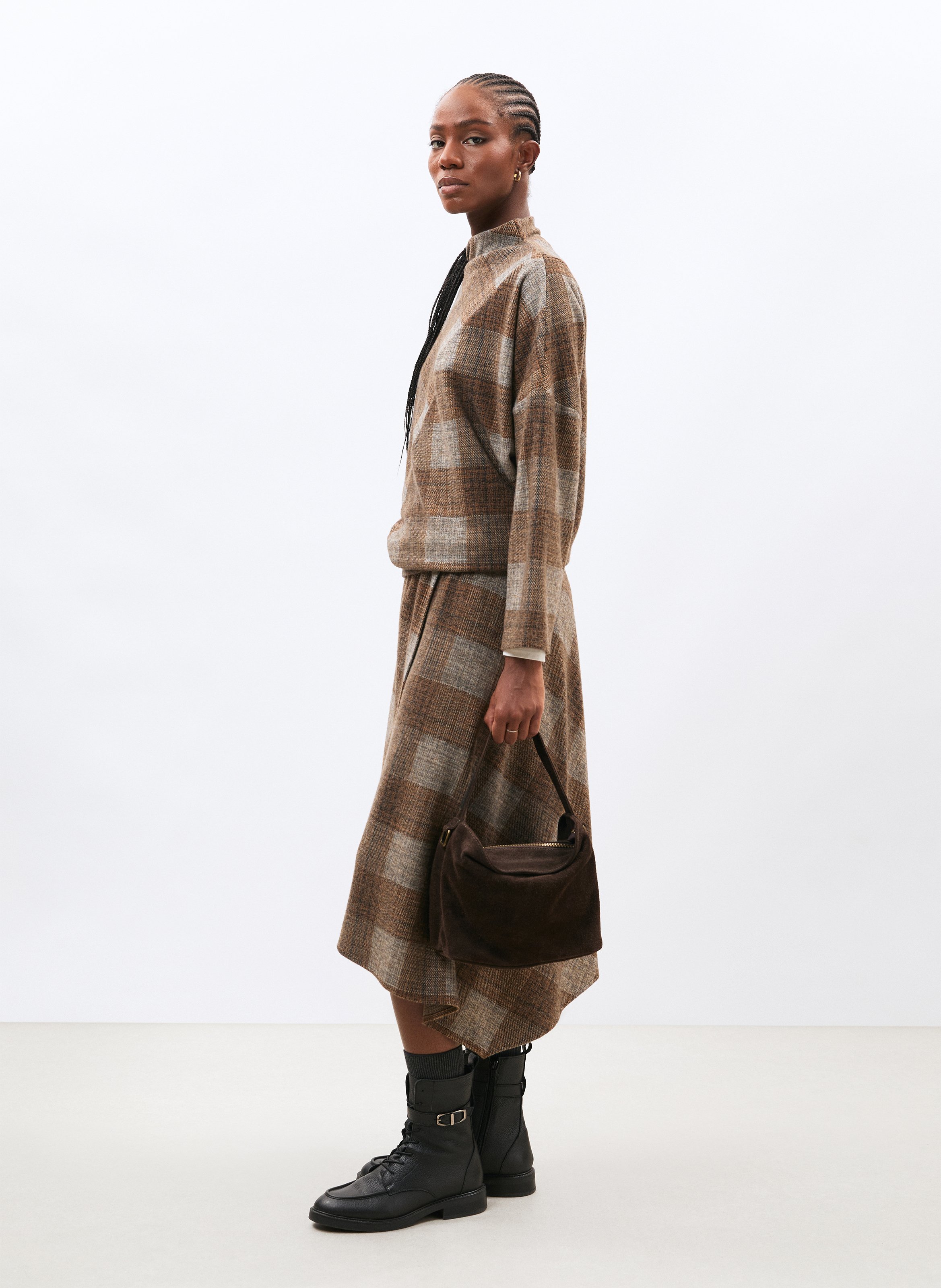 Checked print high-neck top HUMILITY Brown