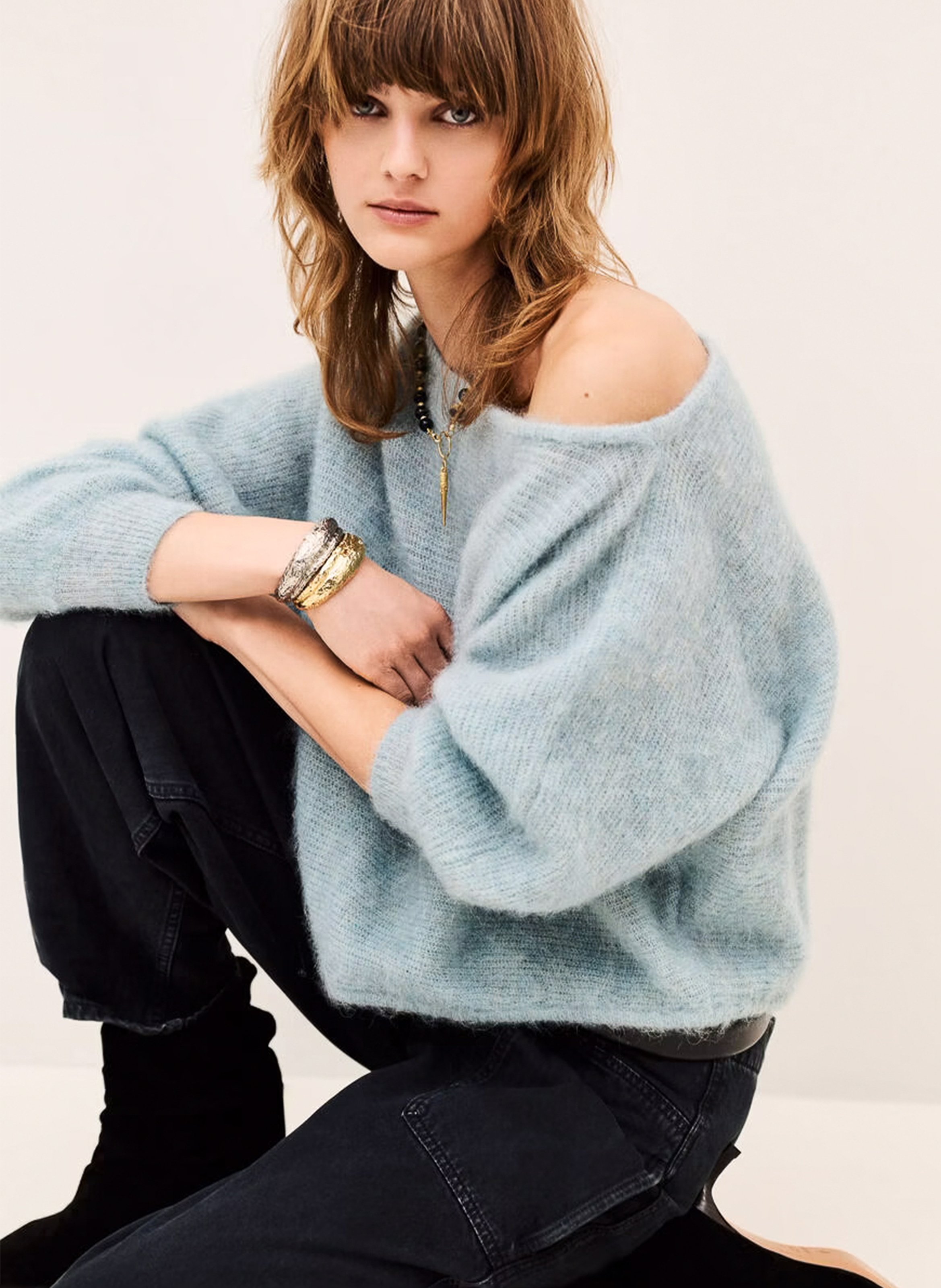 Pull ample col bateau en alpaga mélangé | Bleu BA&SH Femme