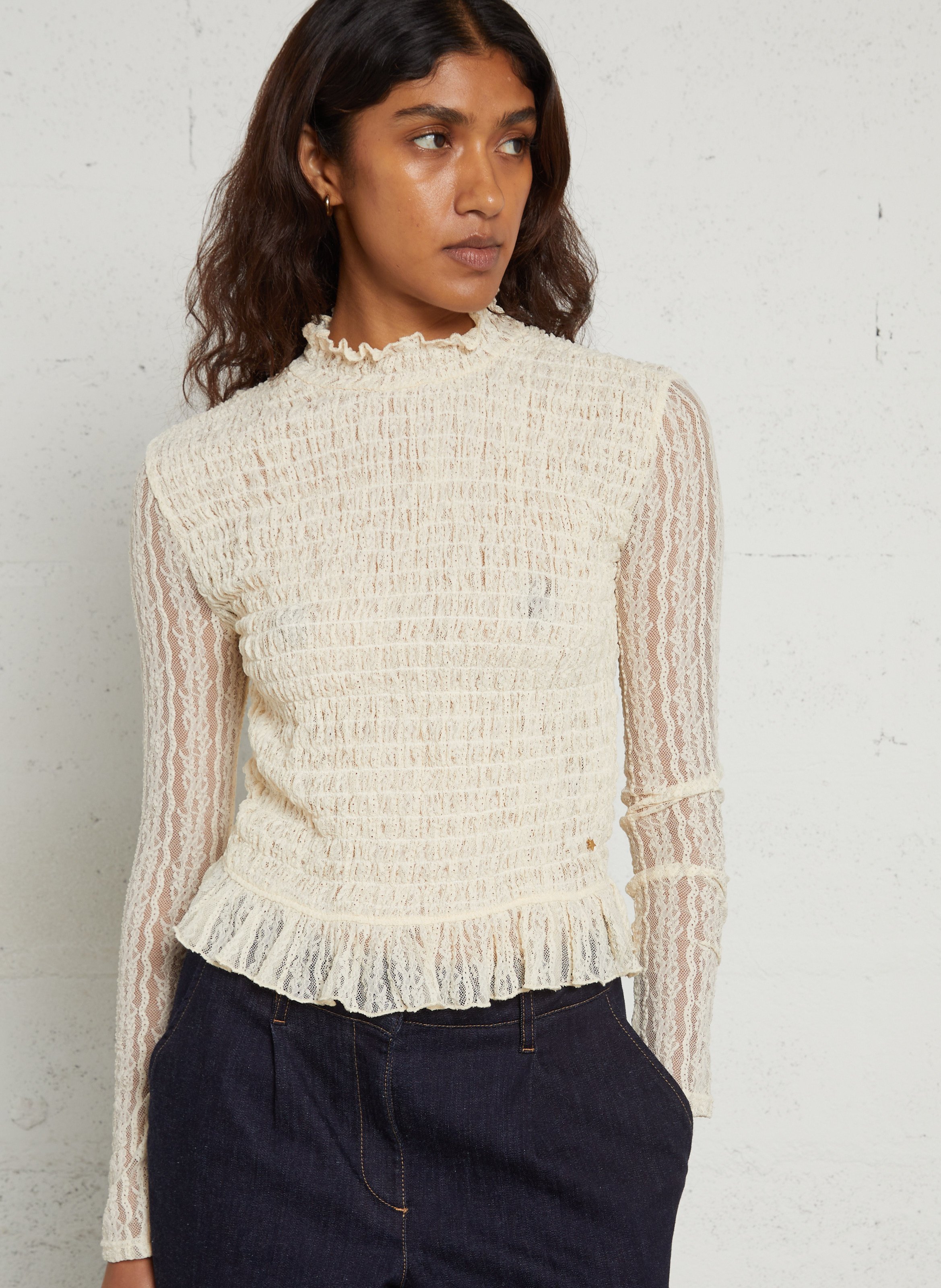 Top ajusté dentelle à smocks DES PETITS HAUTS Beige