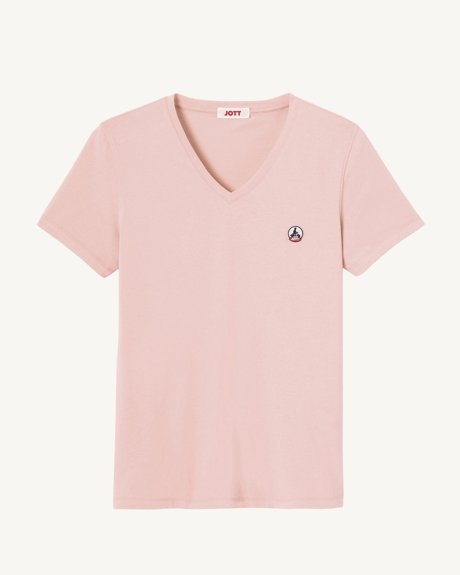 Solid V-neck organic cotton t-shirt in Cancun color. JOTT Pink