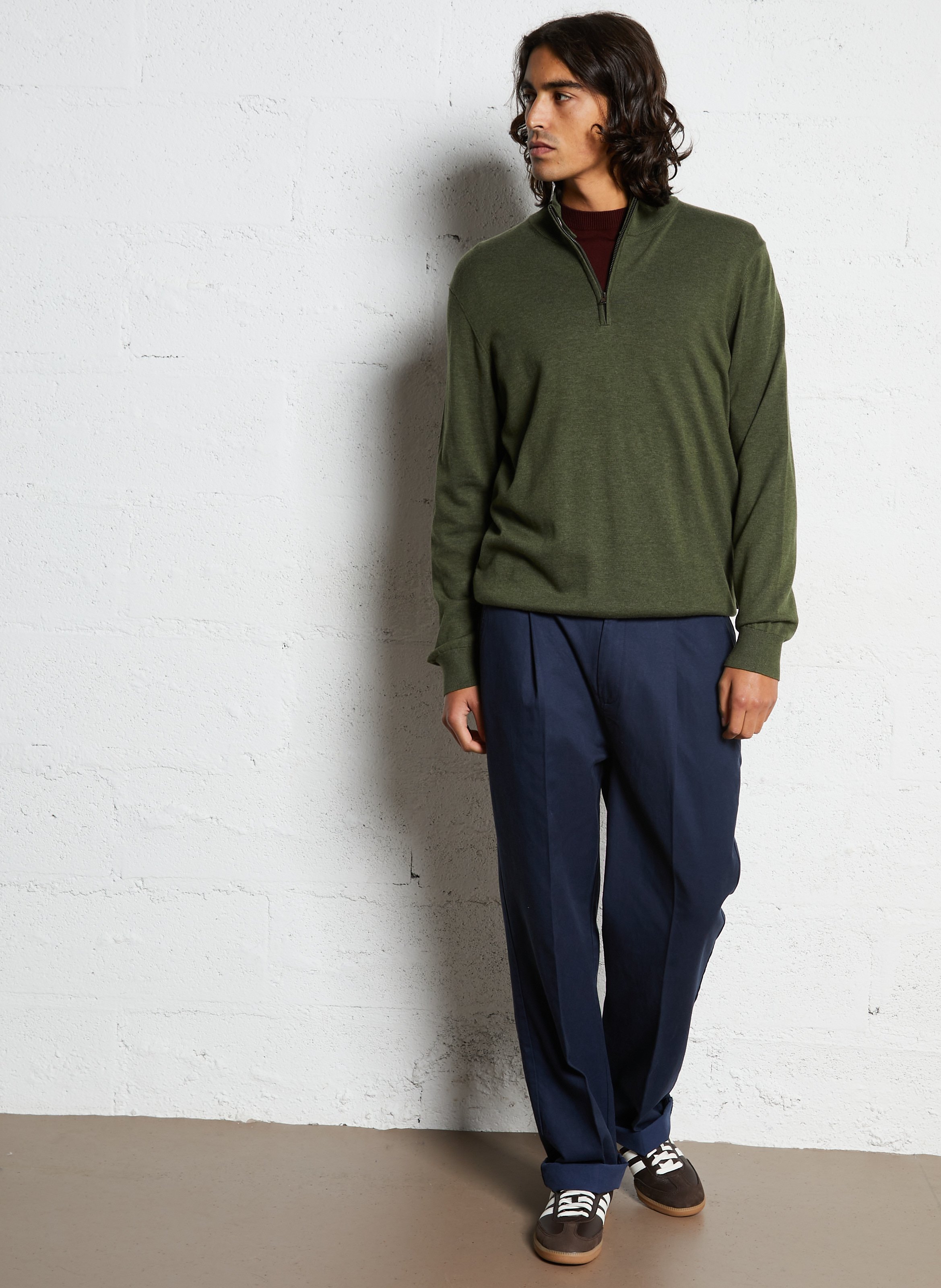 Straight cut zip-neck sweater in mixed cotton. FACONNABLE Green