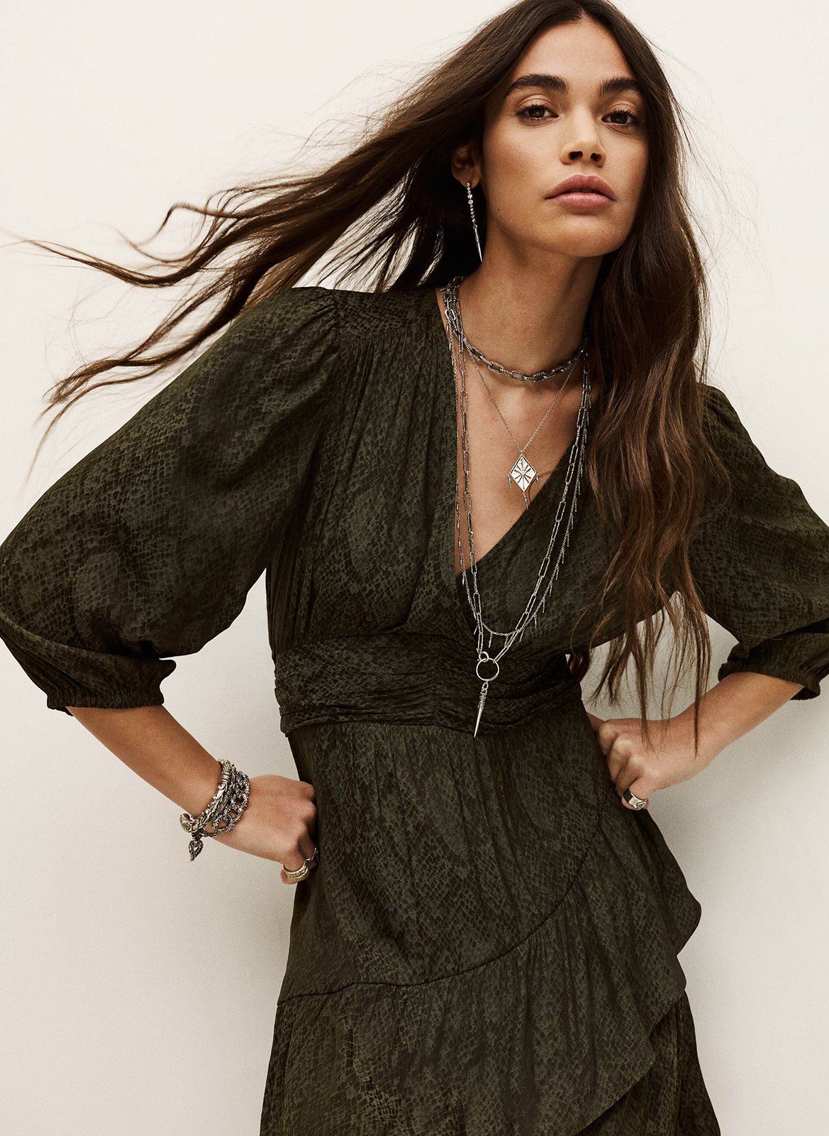 Halflange jurk met V-hals en print BA&SH Kaki