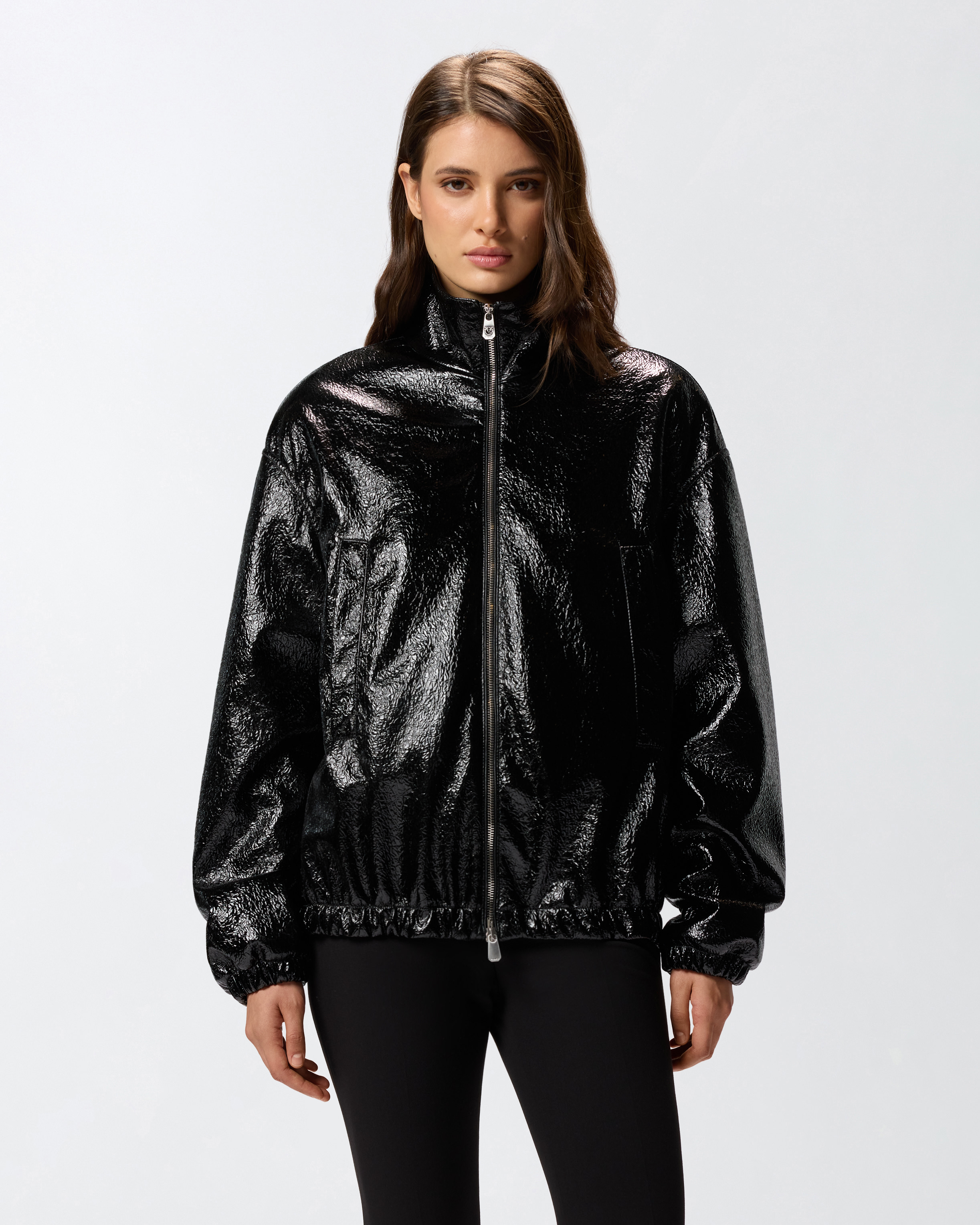 Oversized patent leather bomber jacket PINKO Black