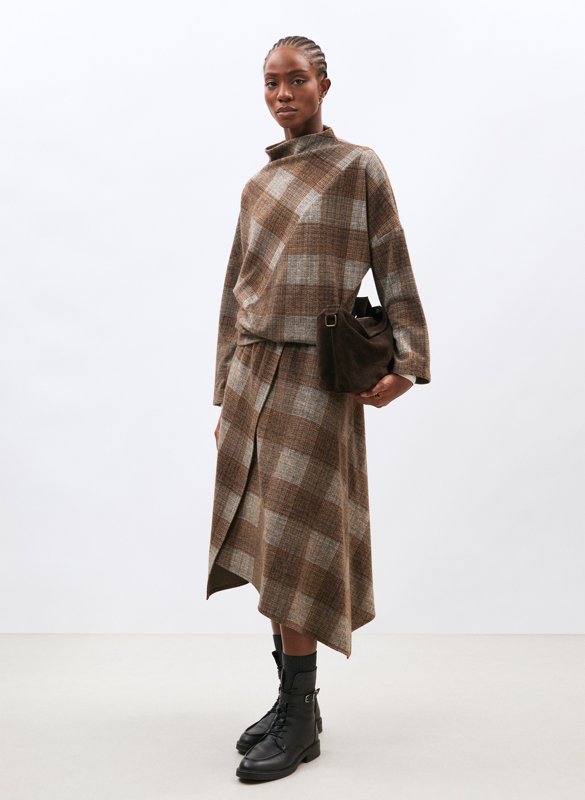 Checked print high-neck top HUMILITY Brown