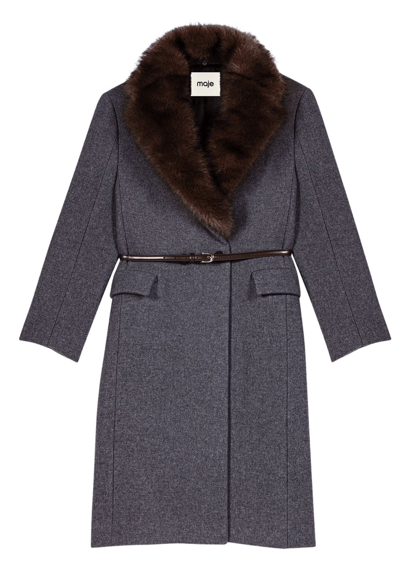 Manteau ceinture à col amovible en laine mélangée MAJE Gris