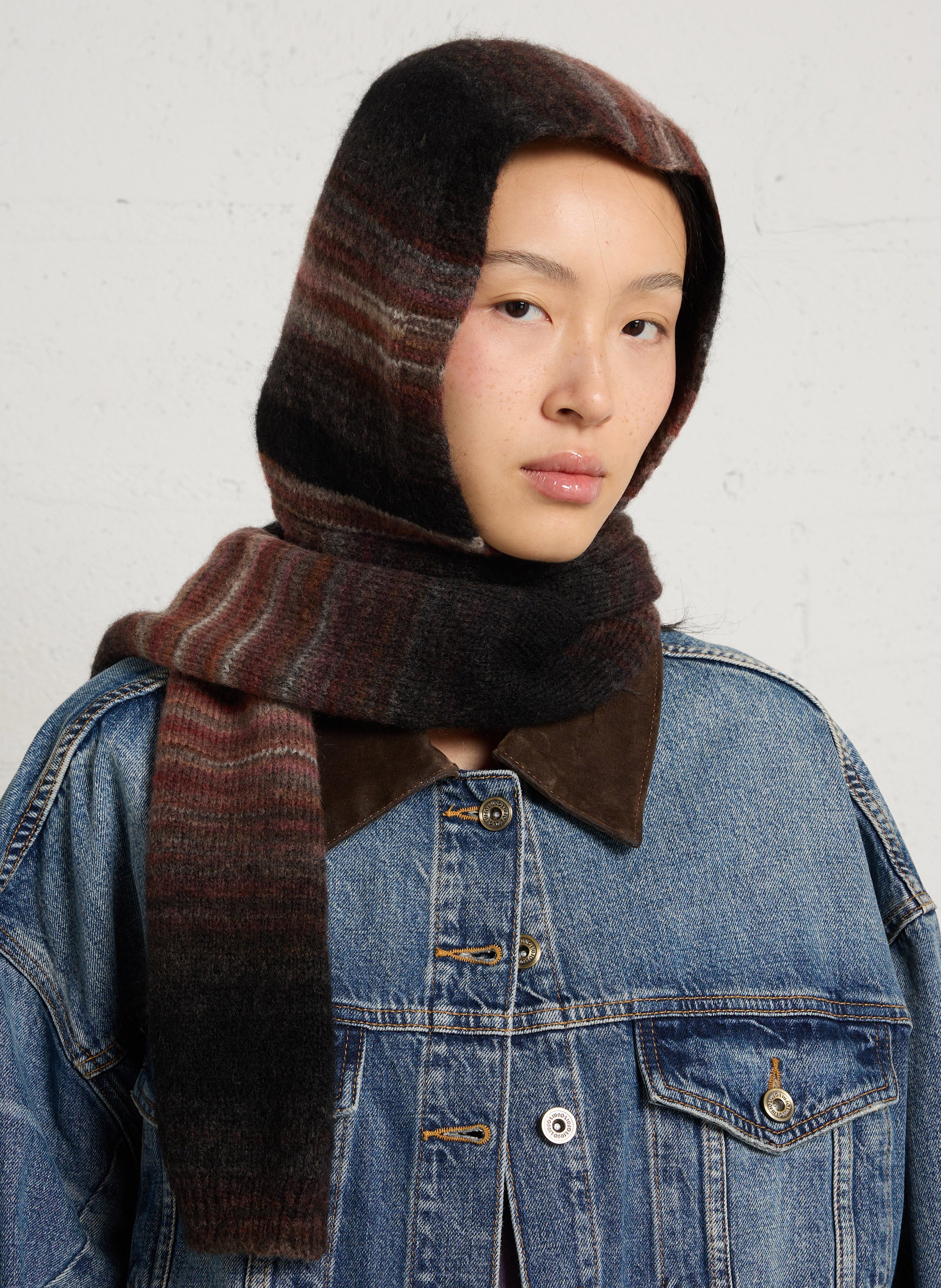 Echarpe rayée à cagoule en laine mélangée LEON & HARPER Marron