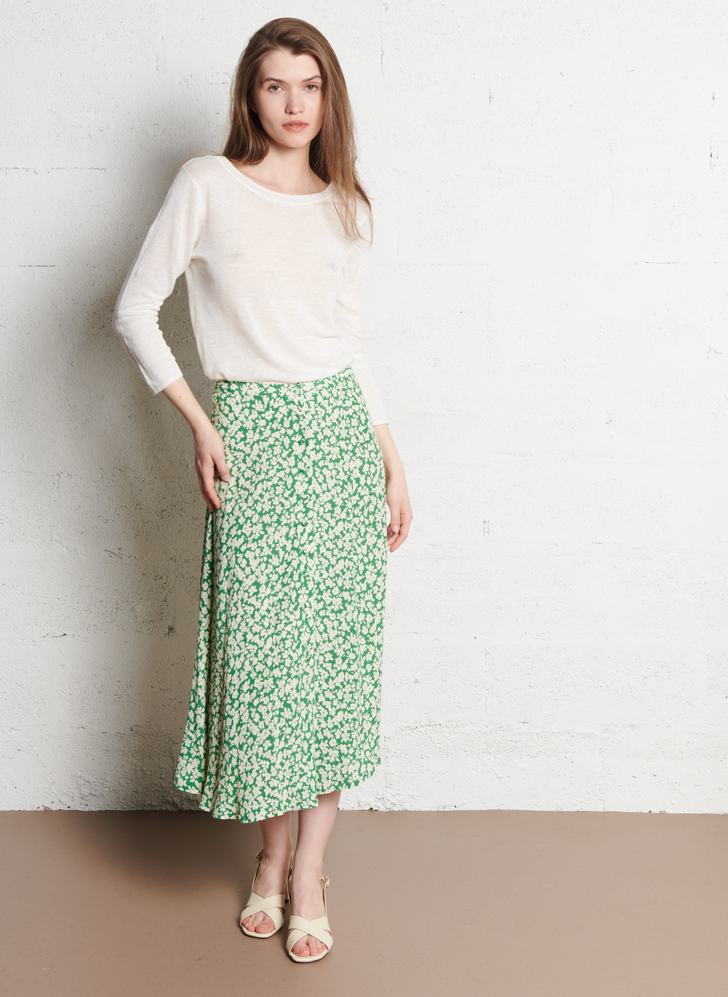 Pull col v manches 3/4 en lin MAJESTIC FILATURES Beige