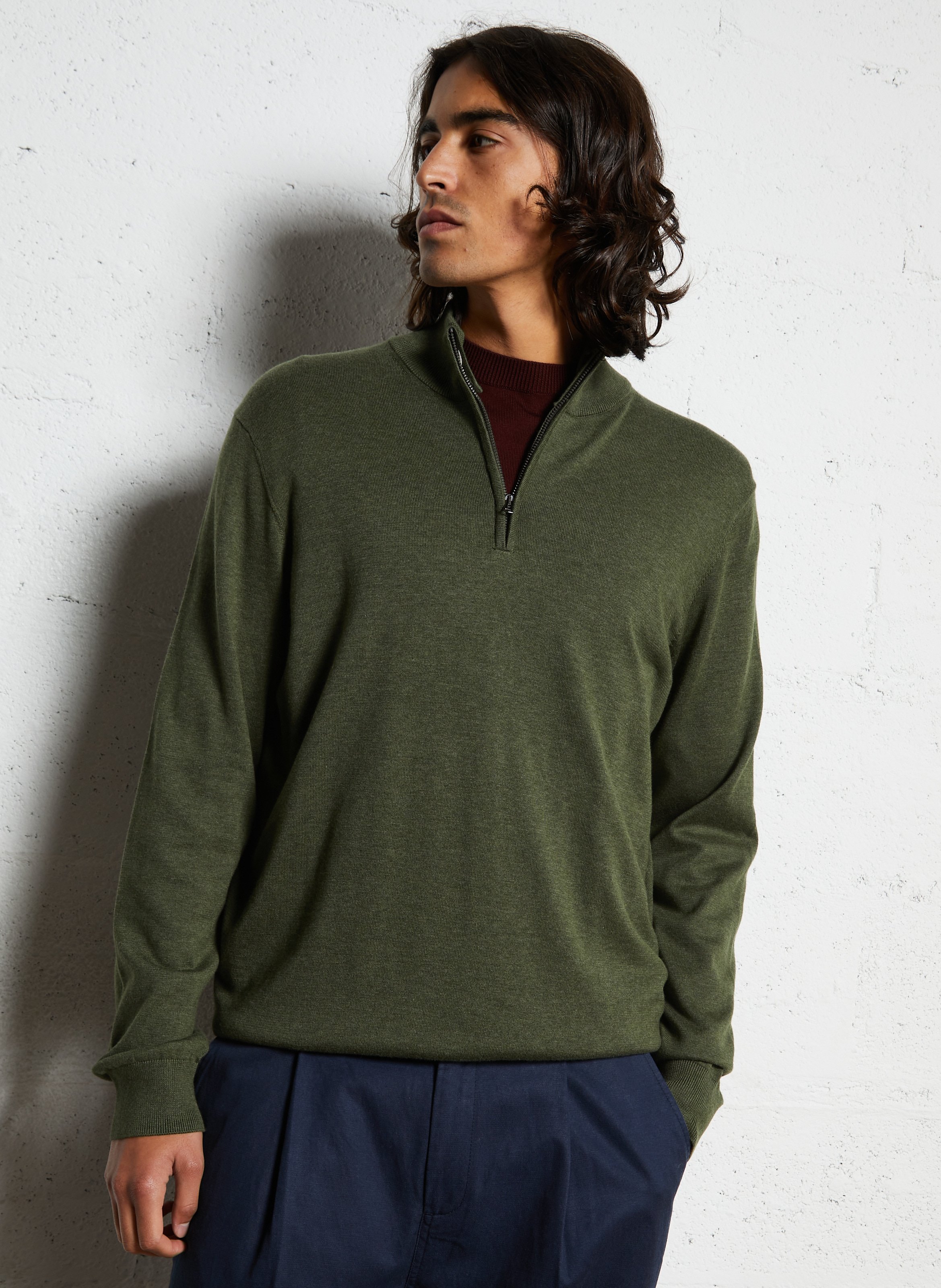 Straight cut zip-neck sweater in mixed cotton. FACONNABLE Green