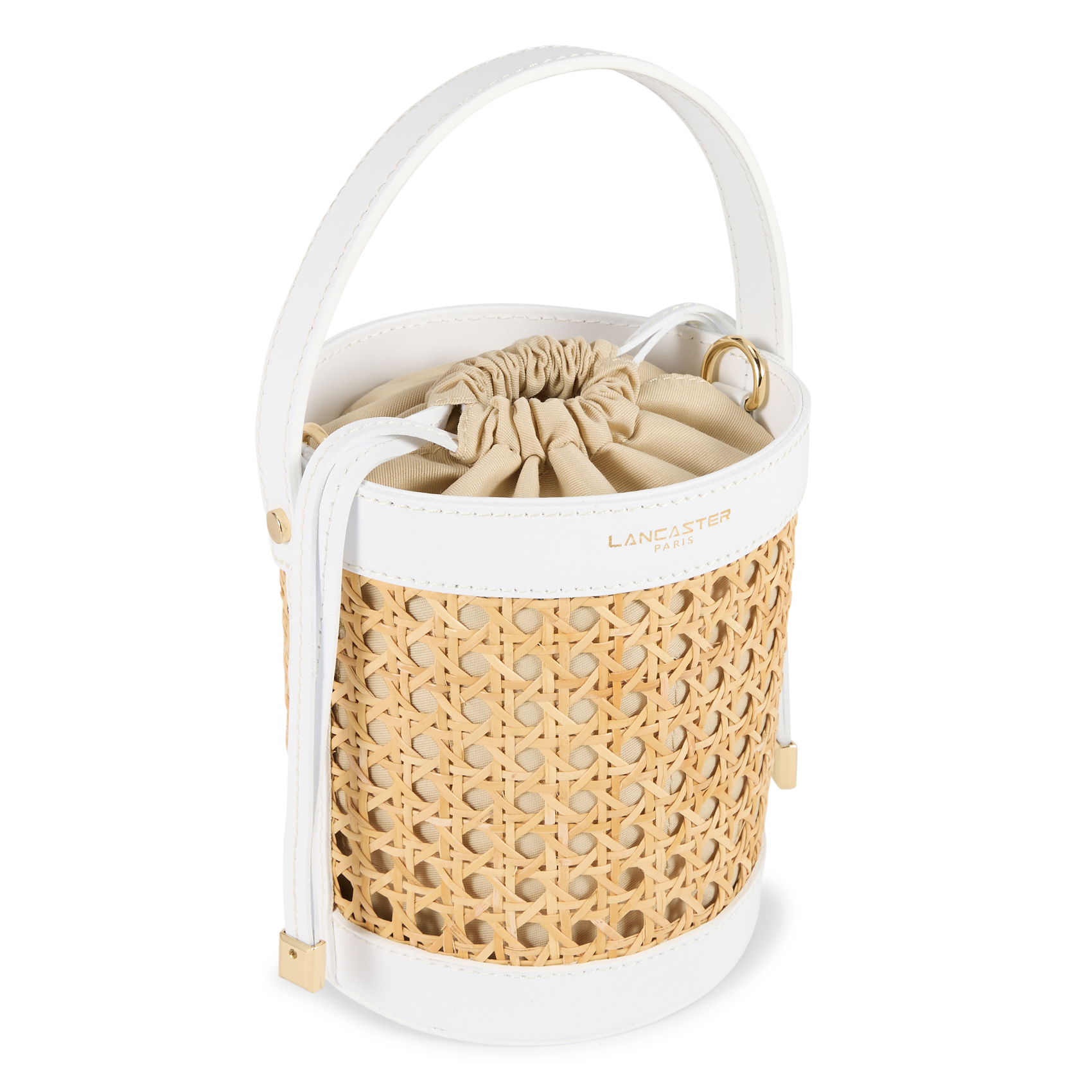 Sac seau en rotin et cuir LANCASTER PARIS Blanc