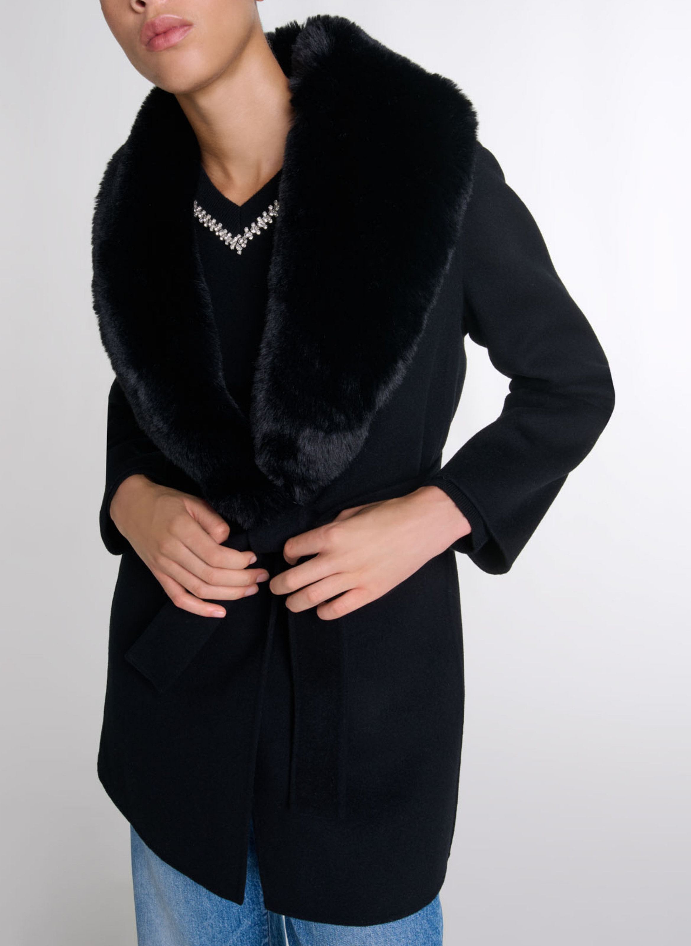 Jas met kraag met bonteffect in gemengde wol MAJE Zwart