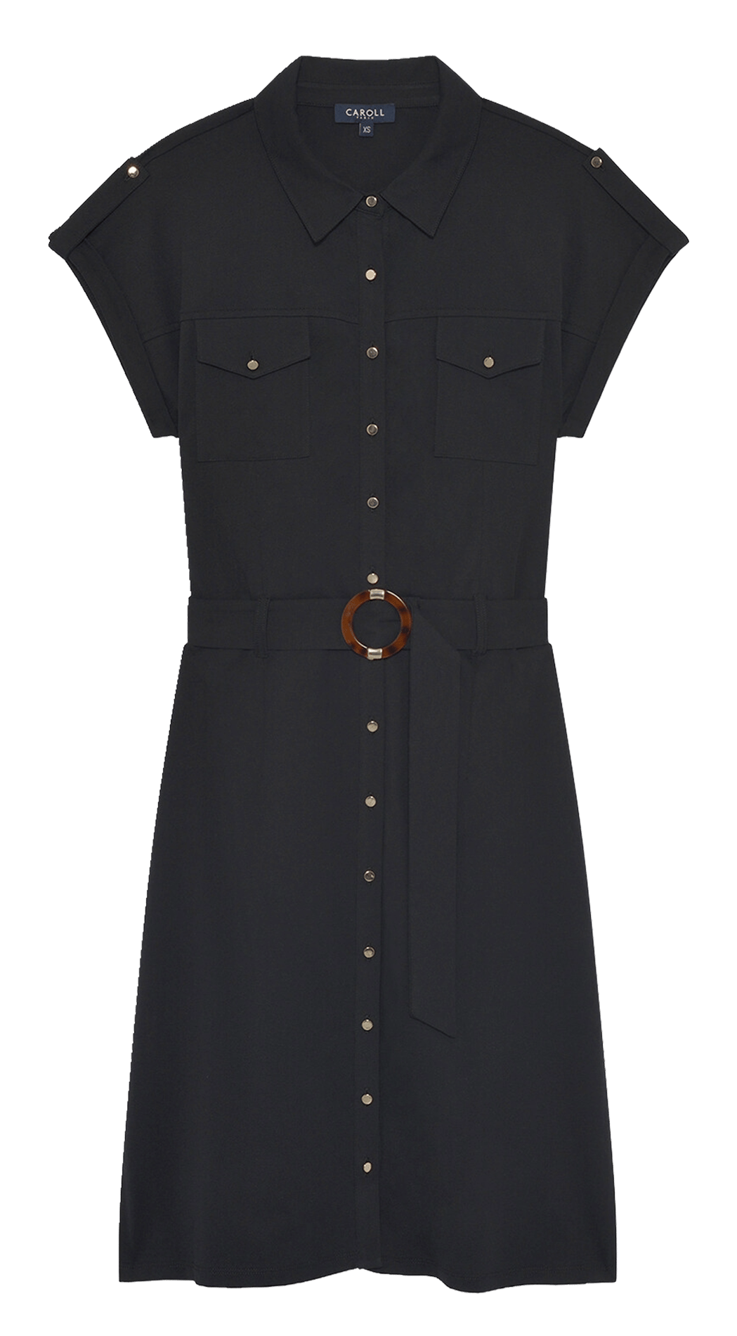 Short belted plain cotton dress CAROLL Black