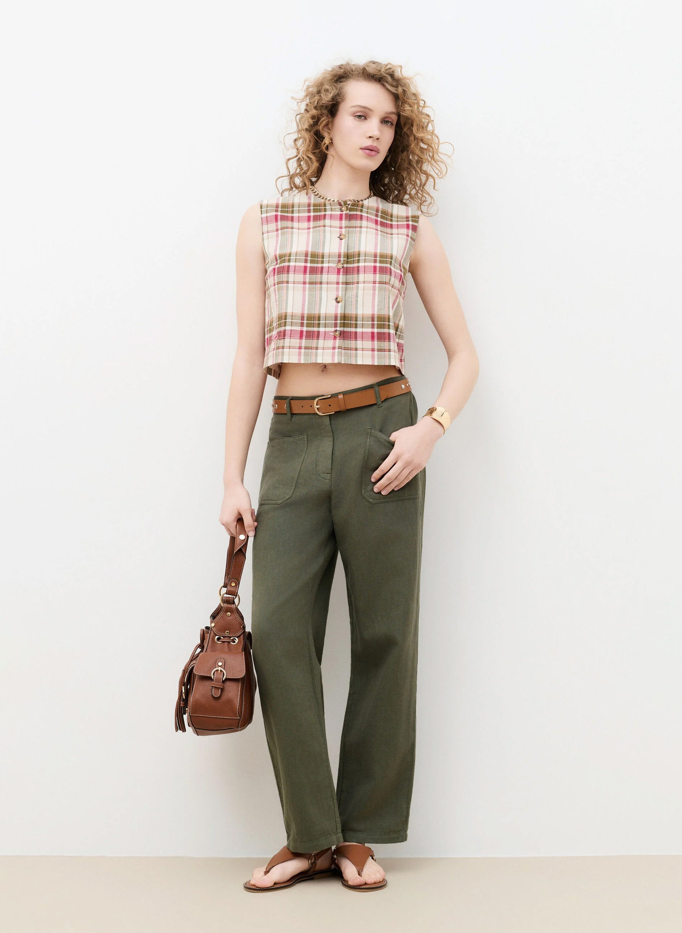 Pantalon droit en coton et lin CAROLL Kaki