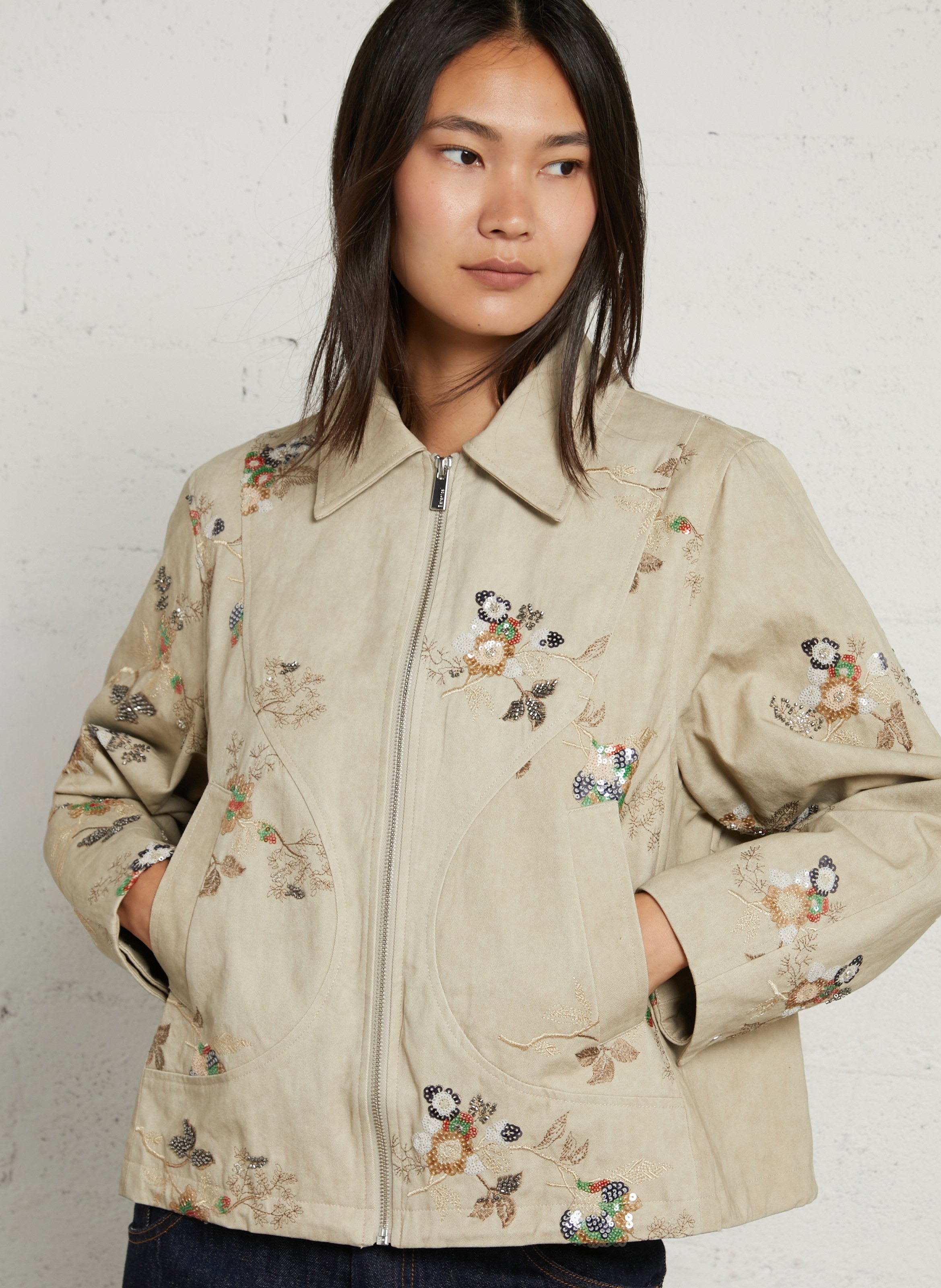 Veste ample col classique à sequins et perles en coton BERENICE Beige
