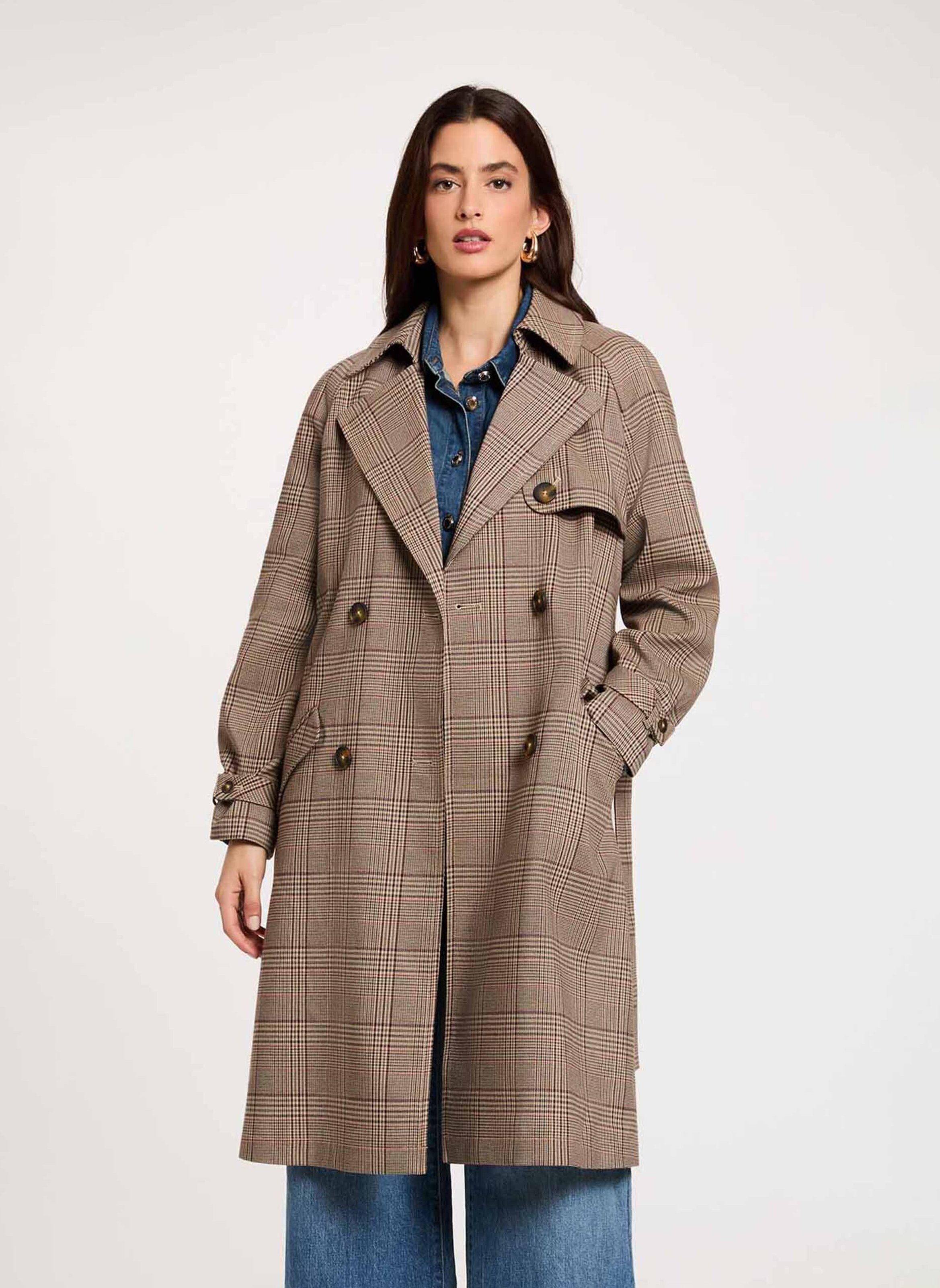Mid-length belted checked trench coat MORGAN Multicolored