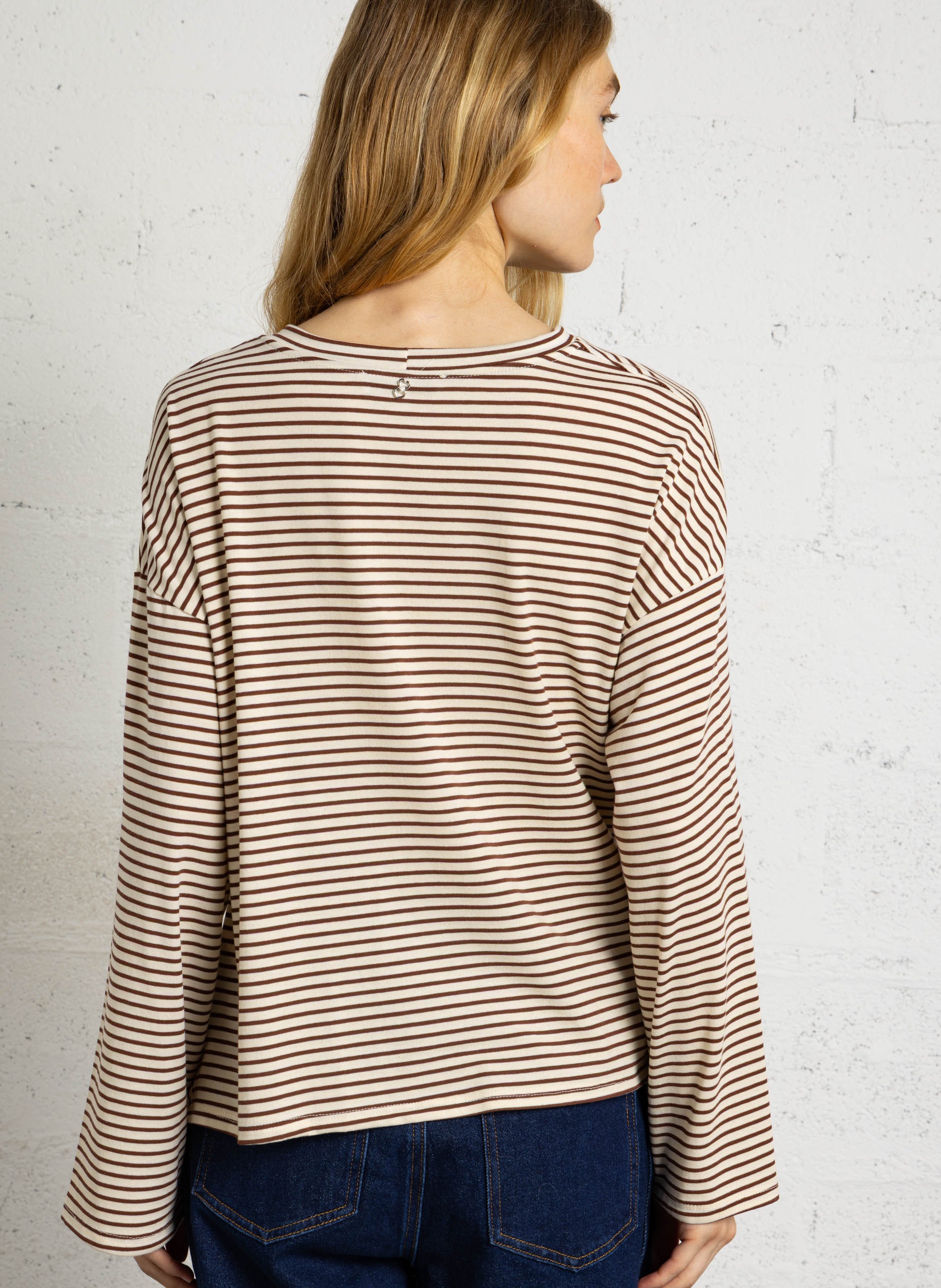 Recht T-shirt met lange mouwen en strepen PLEASE Beige