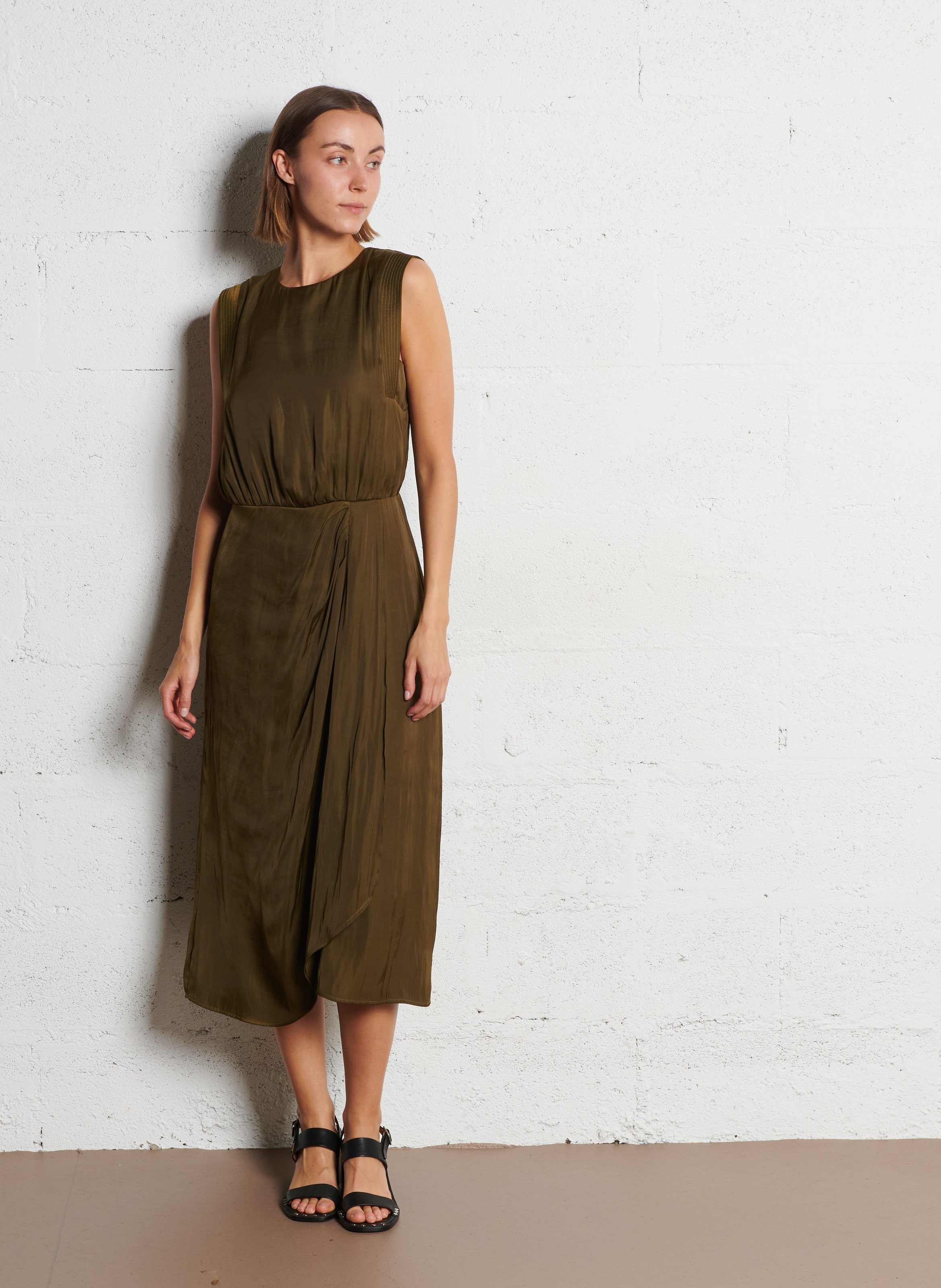 Round-neck satin midi dress IKKS Khaki