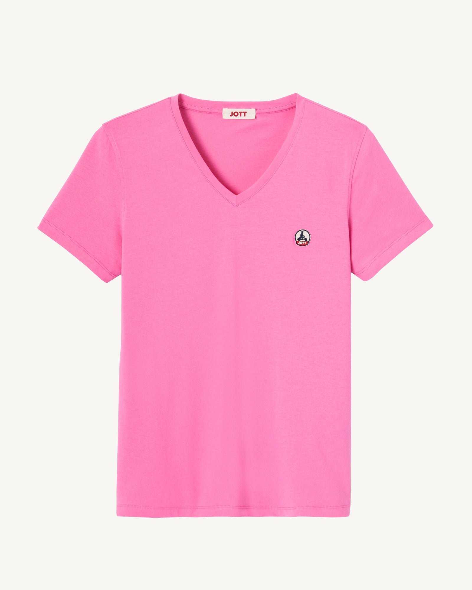 Solid V-neck organic cotton t-shirt in Cancun color. JOTT Pink