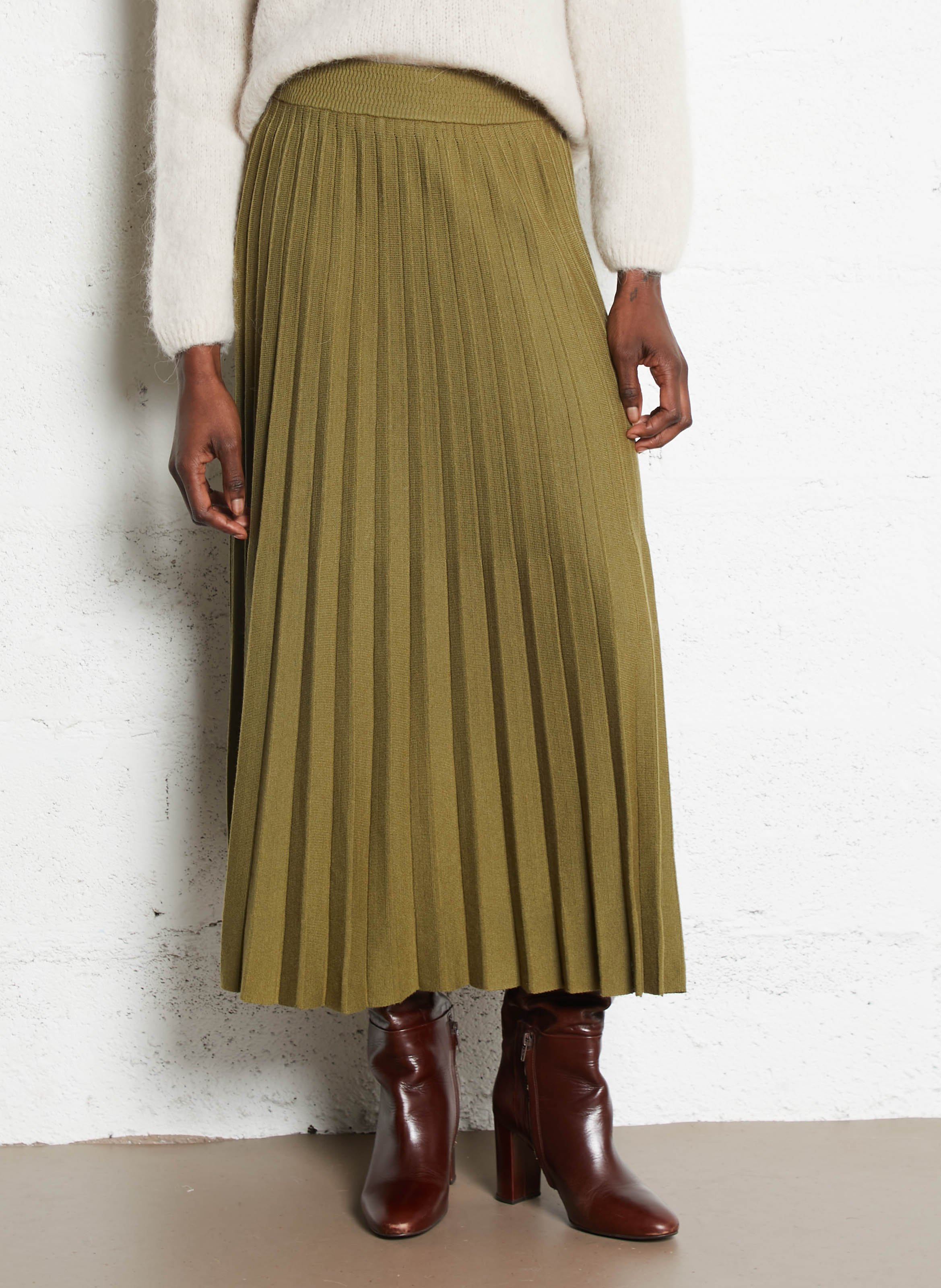 Pleated knit midi skirt PETITE MENDIGOTE Khaki